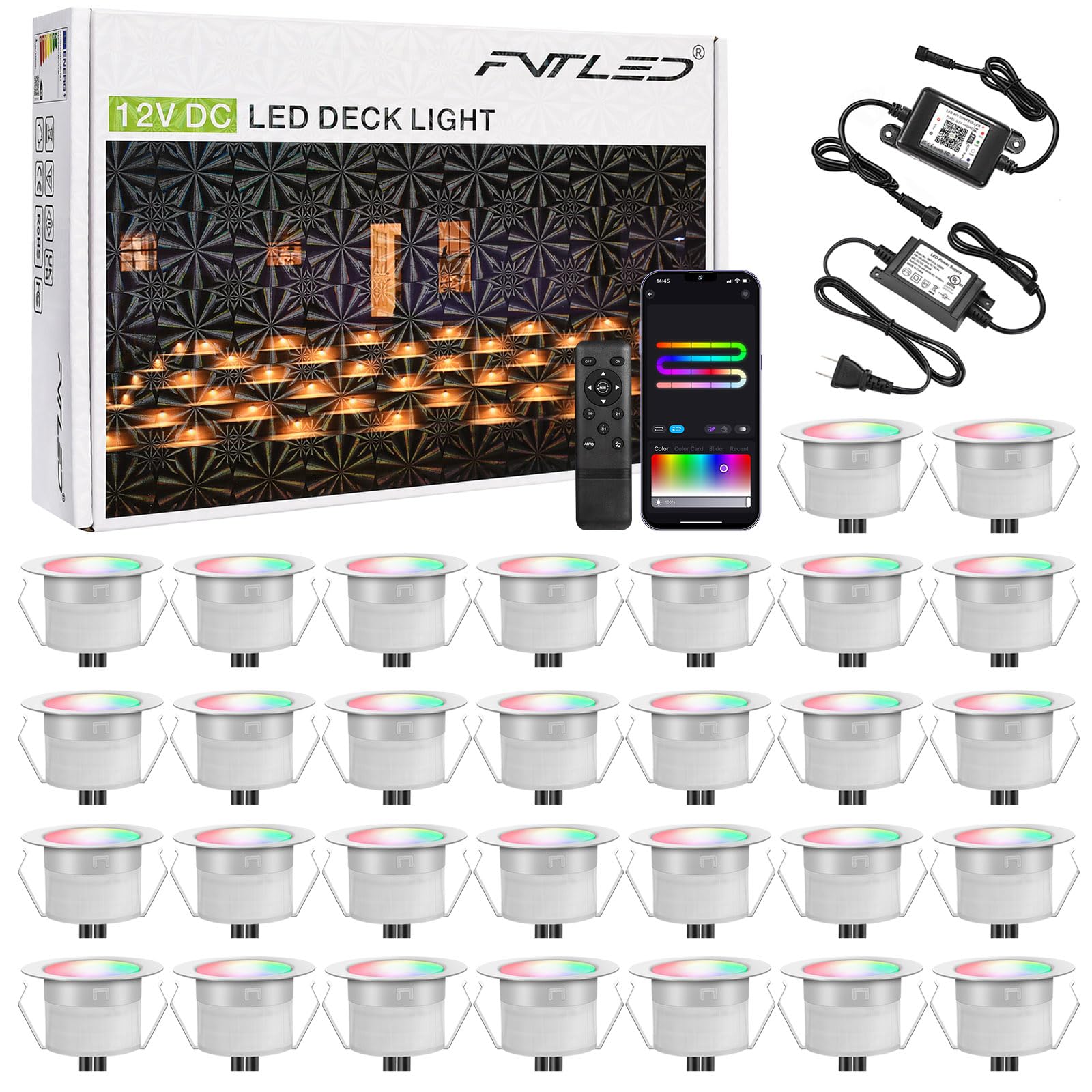 RGB+IC Recessed Led Deck Lights, ?1.22" 30 Pack LED Deck Lights Kit, Smart Deck Lights Multicolor Dynamic, DC12V Deck Lighting Low Voltage, IP67 Waterproof, WiFi Controller Work with Alexa / Google