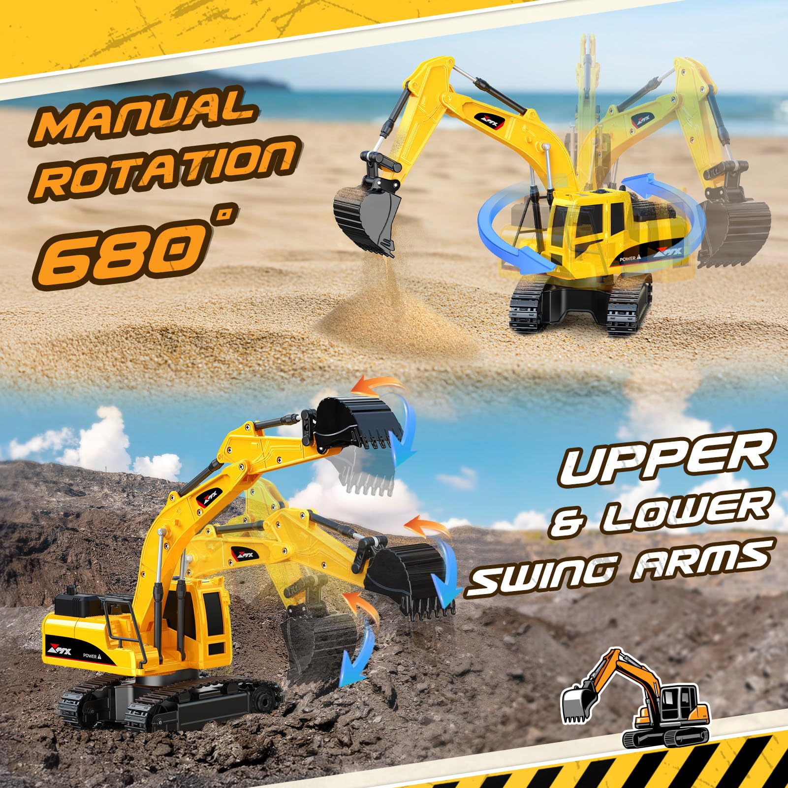 HappyGoLucky 1:24 Excavadora Juguete Teledirigido para Niños 3-9 Años, Camiones Juguete RC Teledirigido 2.4GHz con Grúa Torre y Señales de Tráfico, Luz LED, Mini Excavadora, Regalo Cumpleaños/Navidad