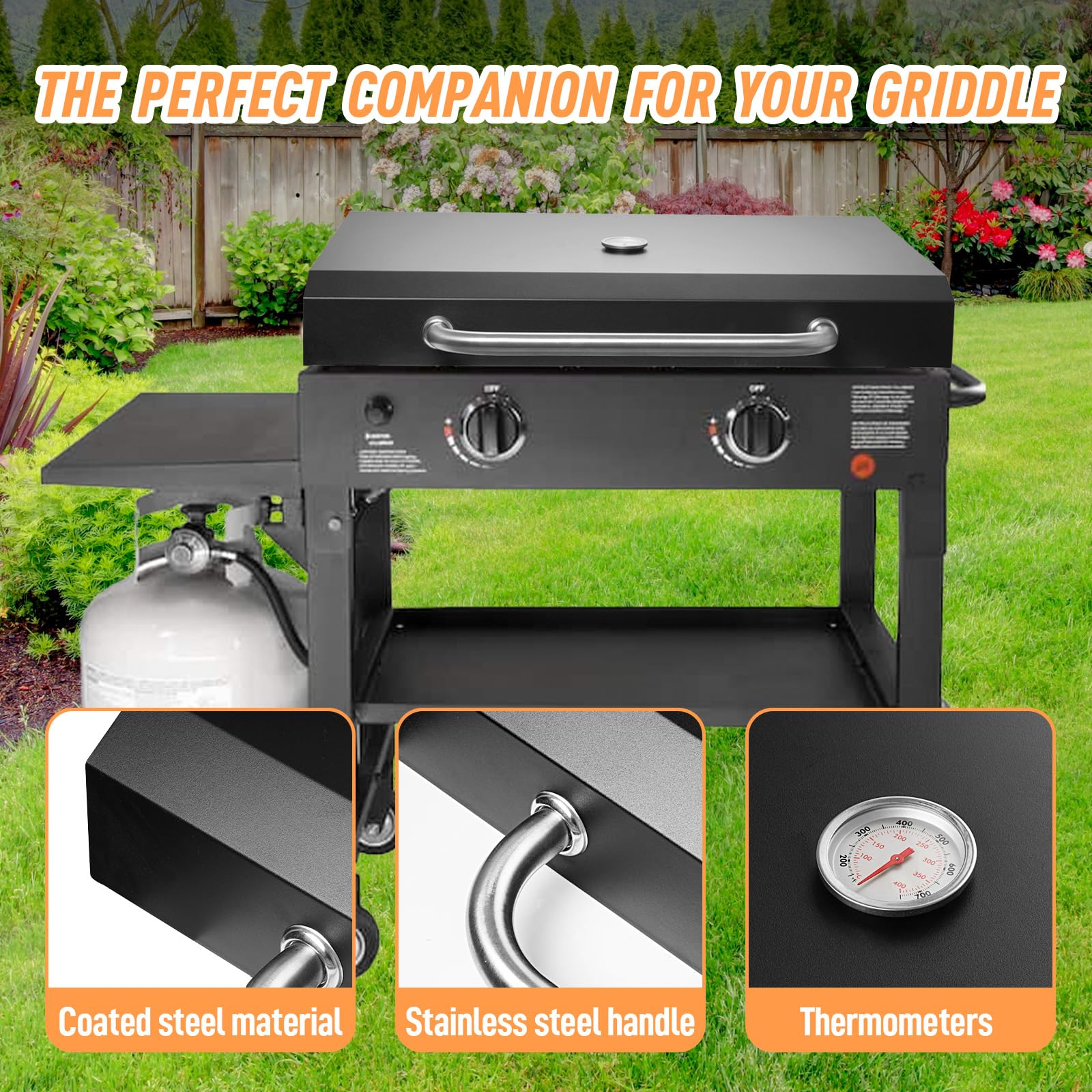 Hinged lid for 28 blackstone griddle with thermometer hard cover hood