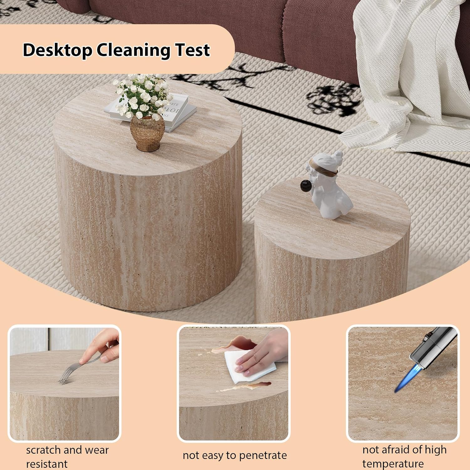 Modern Nesting Coffee Table Set of 2 Round Nested Coffee Tables Minimalist Circle Coffee Tables and End Table for Small Spaces, Living Room Or Bedroom (Travertine)