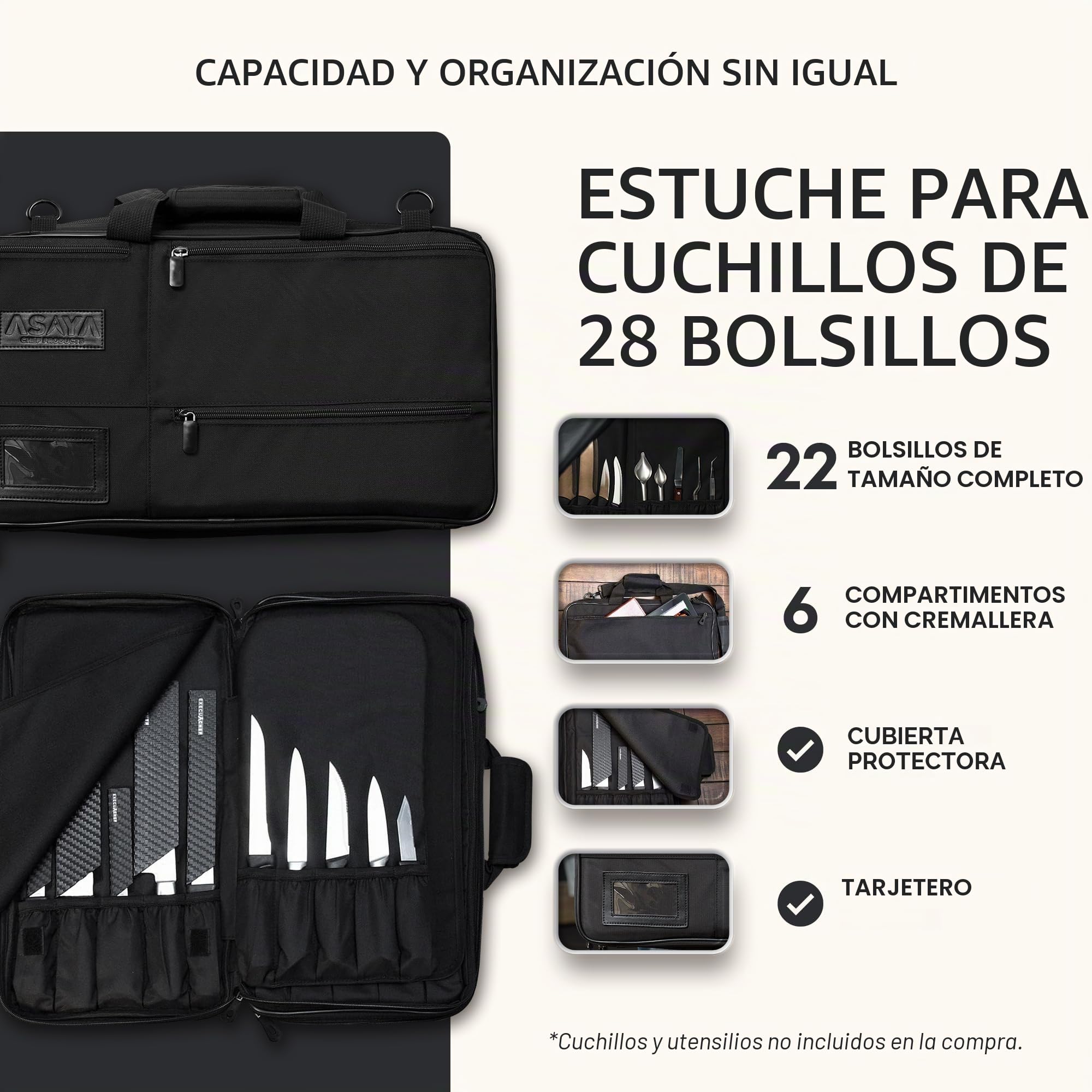 Estuche para Cuchillos para Cocineros Profesionales - 28 Bolsillos para Cuchillos y Utensilios de Cocina - Nailon balístico Duradero, herrajes de Acero Inoxidable Negro, Soporte para Tarjetas de