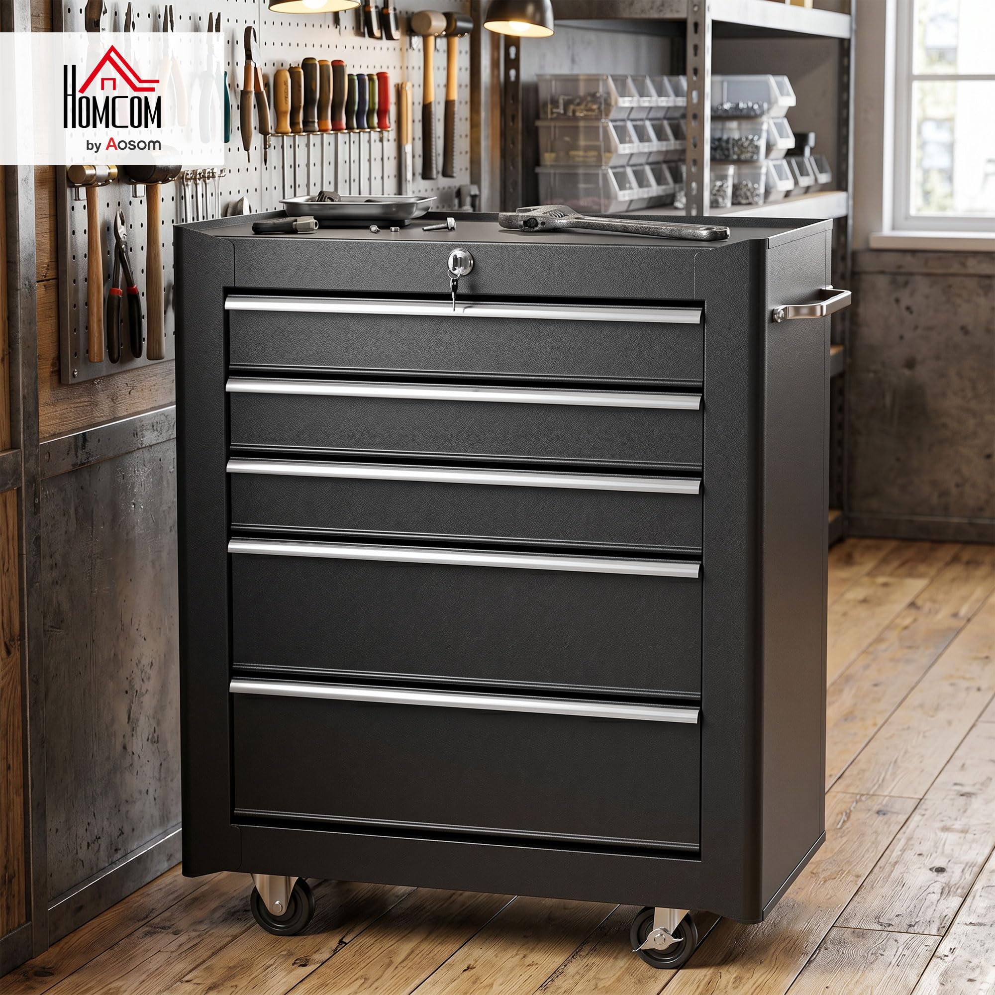 HOMCOM Servante d'Atelier Vide en Acier 5 Tiroirs sur Roulettes Noir | Chariot à Outils, Verrouillable 2 Clés, Tapis EVA Antidérapant, Caisse à Outils Pour Atelier, Garage