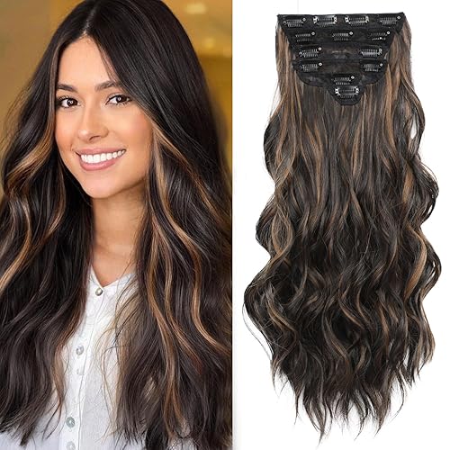 Miniatura 109 de Synthetic Clip in Hair Extensions, 6PCS Natural &Soft Hair& Blends Well Lonng Wavy Hairpieces(20inch,6pcs, Black with Brown Highlights)