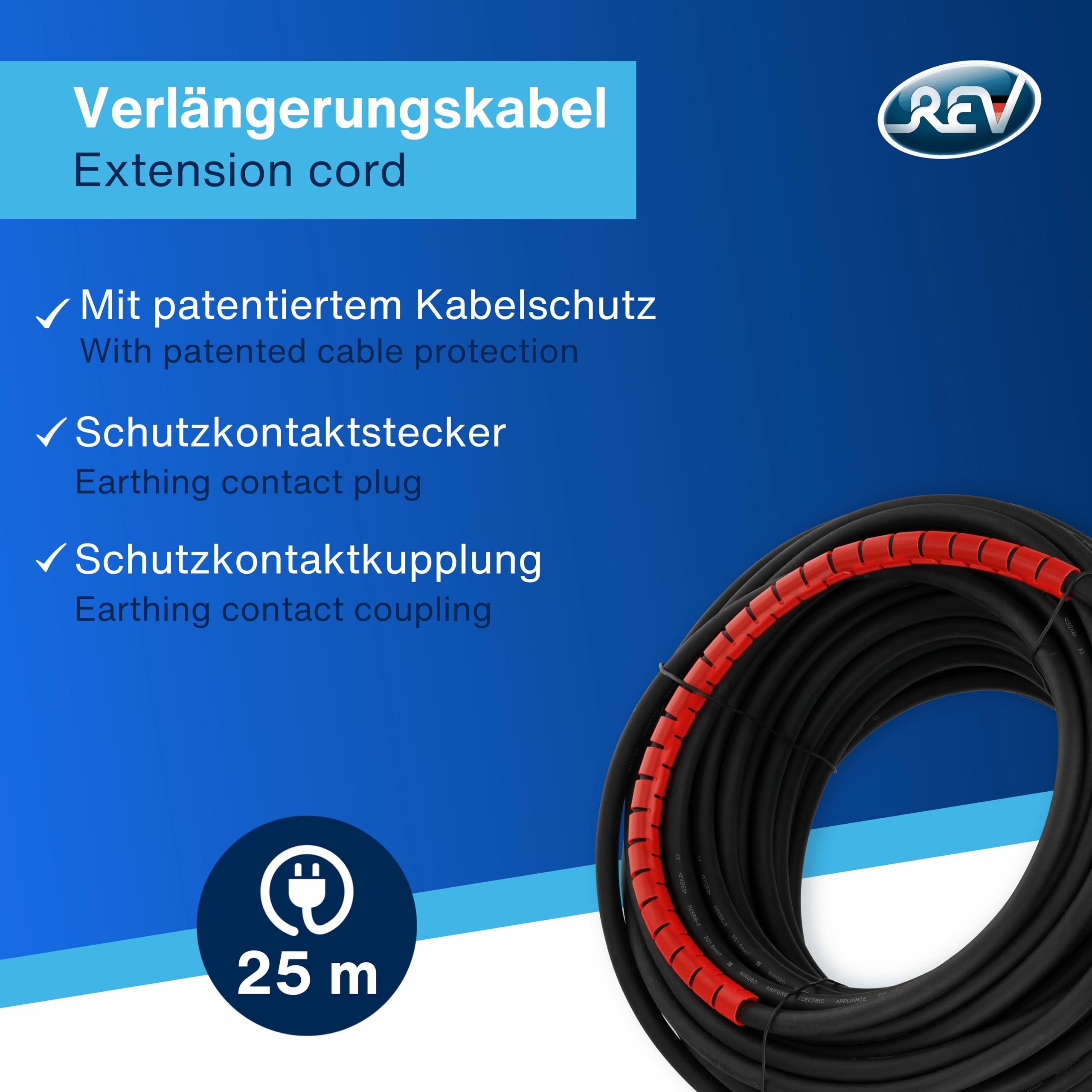 REV Prolunga con protezione cavo, cavo di prolunga, impermeabile, 25 m, 3680 W, H05RR-F, nero