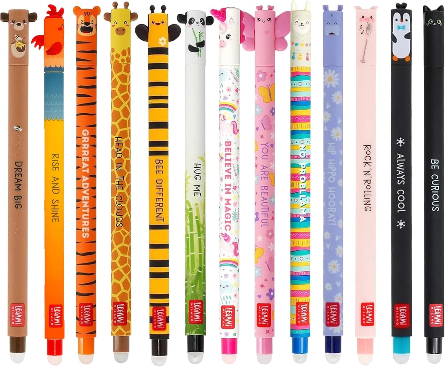 LEGAMI - Set of 13 Erasable Gel Pens with Thermosensitive Erase Ink, coloured ink & fun novelty barrel designs, 0.7mm Tip, Animal Designs, Panda, Llama, Unicorn, etc.