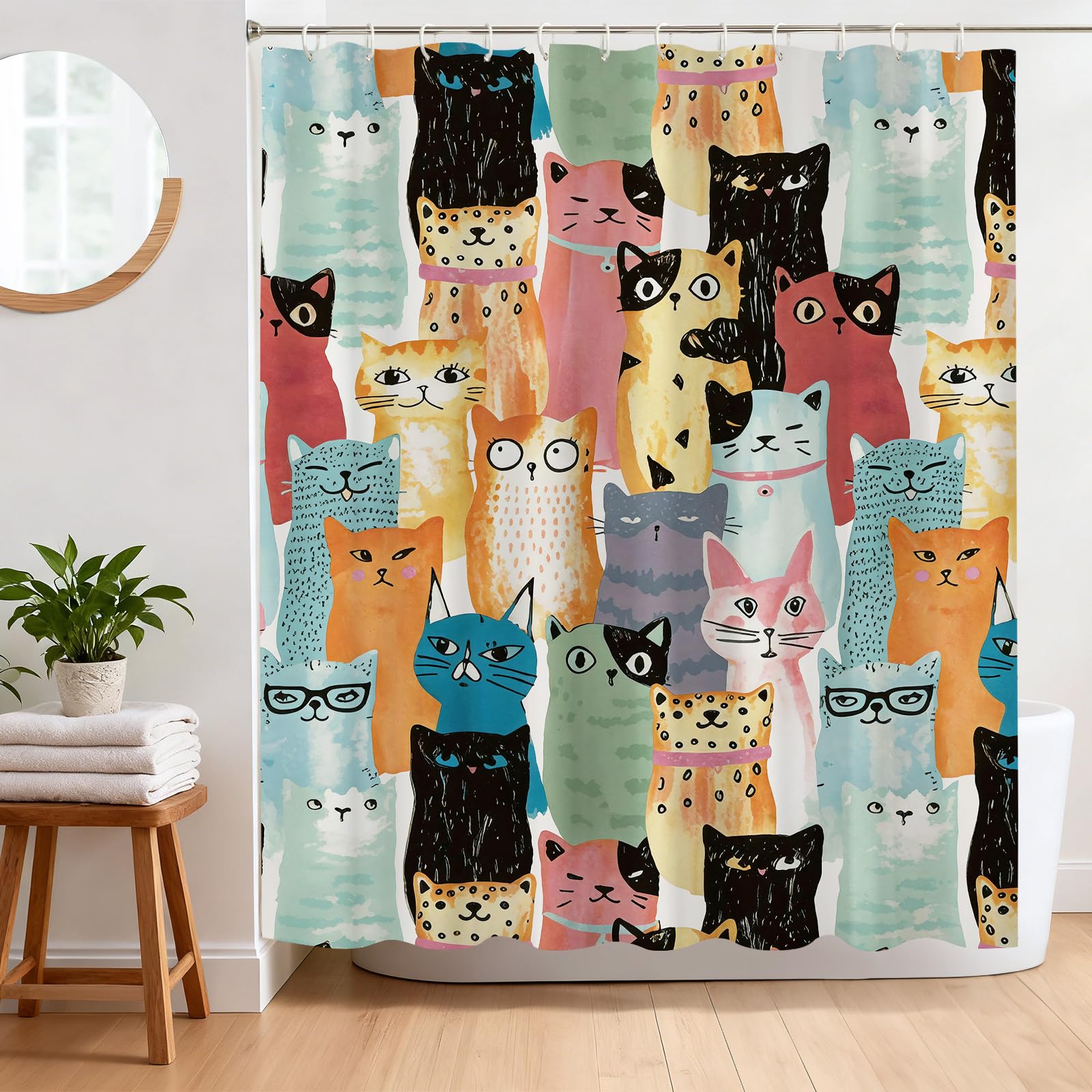 Rideau de douche cartoon chaton anti-moisissure et lavable en tissu