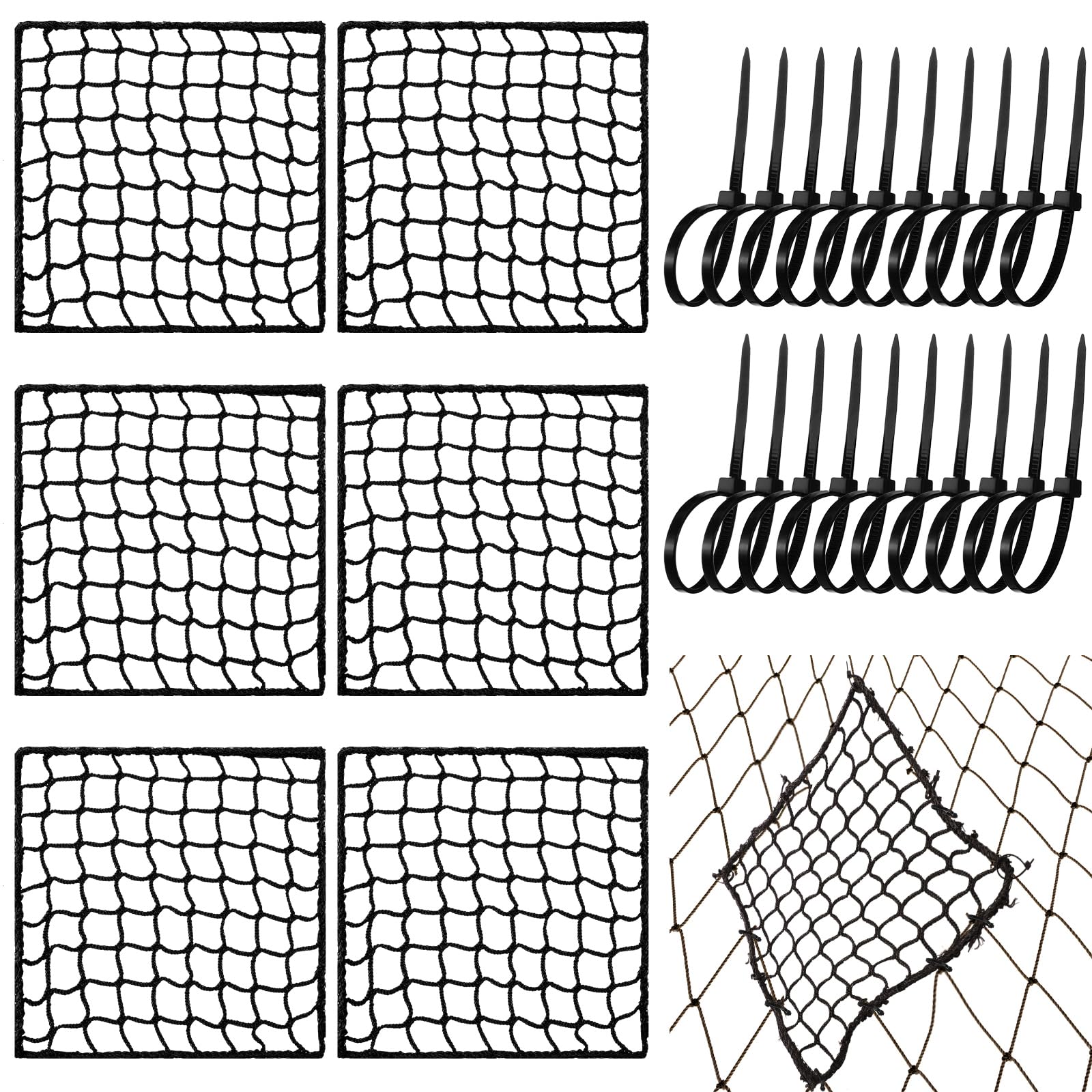 GliCraft 6 Pcs Universal Sports Net Repair Kits with 100 Pcs Zip Ties 16 x 16 Inch Golf Goal Nylon Netting Hole Replacement Patch for Baseball Batting Cages Hockey Football(Black) — image 1