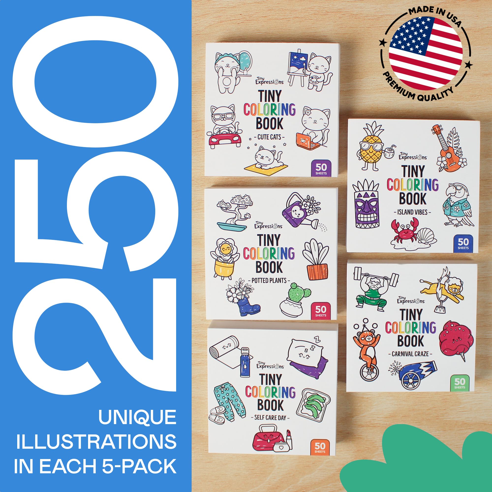 Tiny Expressions Mini libros para colorear para adultos, 3 x 3 pulgadas, tamaño de bolsillo | Paquete de 5 libros para colorear pequeños y simples para aliviar el estrés para relajación, atención plena y ansiedad