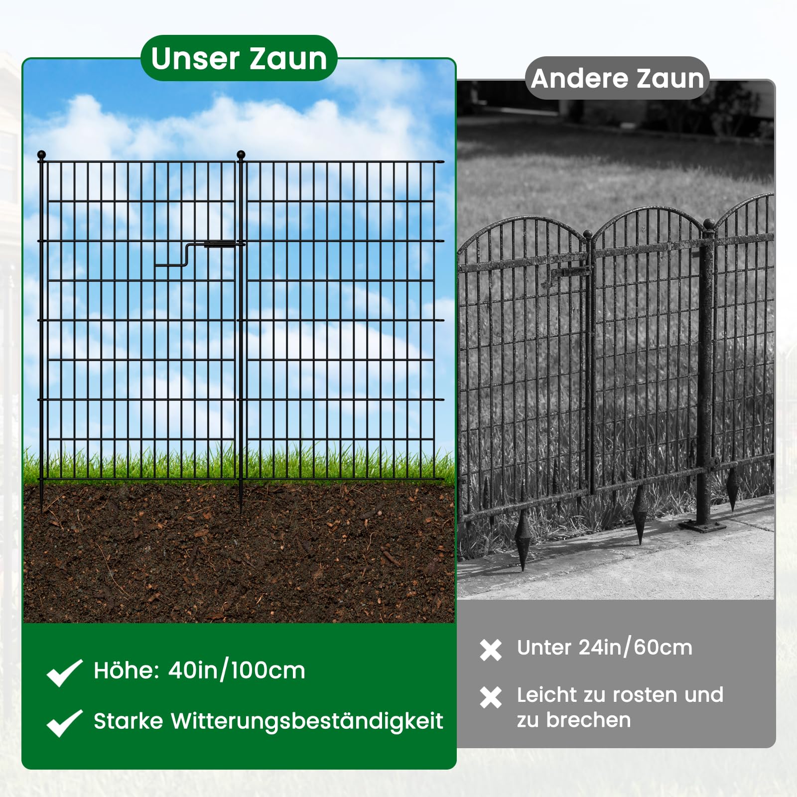 SUNYRISY 13 Panels Metall Gartenzaun Steckzaun 100cm H | 8,5 m L Hundezaun Mit Tür, Hühnerzaun Mobiler Zaun für Haustier, Tierbarriere, Bordüre für Hof, Terrasse, Keine Graben