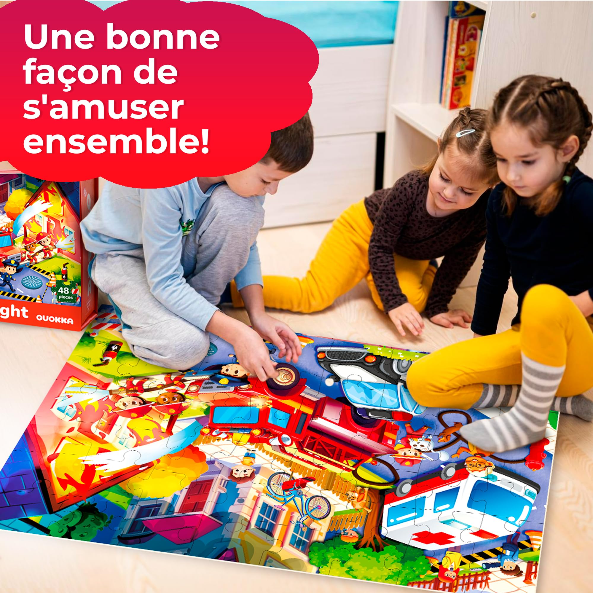 QUOKKA Grand Puzzle Enfant 3 4 5 Ans - 60x90 cm 48 Pièces Puzzle Géants de Sol pour Enfants 5 6 Ans - Camions de Pompiers Jouet pour Garçons et Filles - Educatif Cadeau