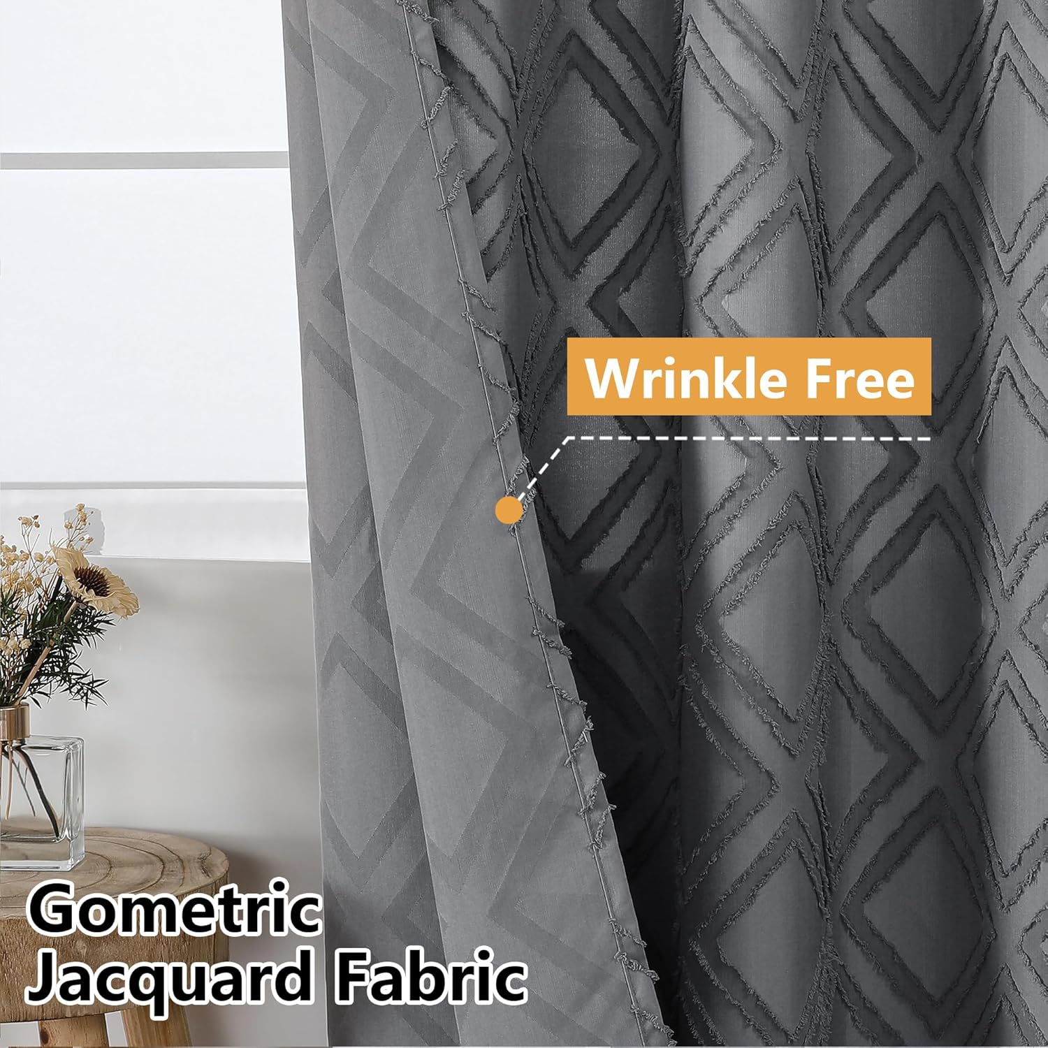 OWENIE Grey Shower Curtain Set, Jacquard Geometric Textured Fabric Boho Shower Curtains for Bathroom, Soft Hotel Style Farmhouse Shower Curtain Grommet Top 12 Hooks, Machine Washable, 72x72, Grey