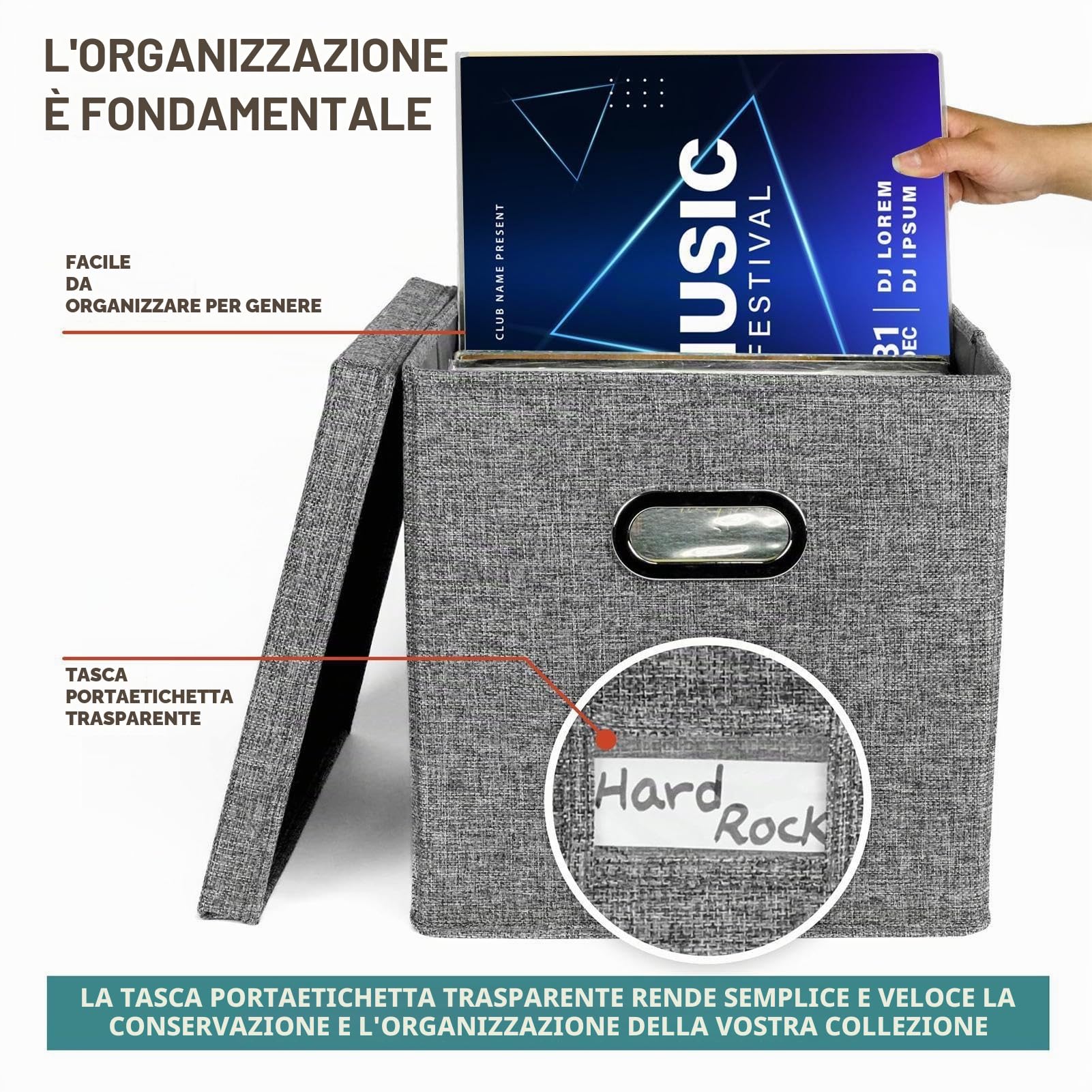 Scatola portaoggetti per dischi in vinile, impilabile e robusto, portatile, per ufficio, per gli amanti dei dischi, può contenere fino a 50 album