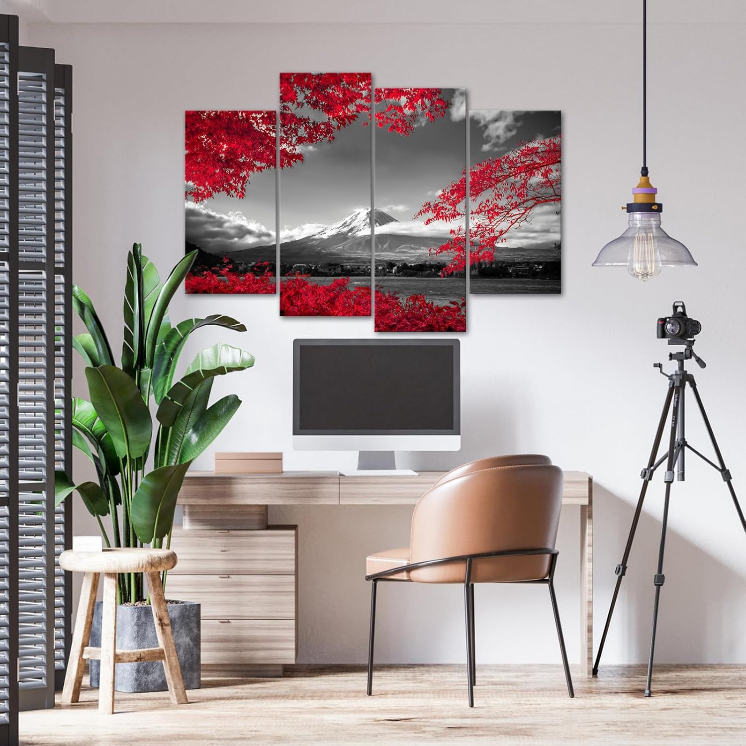 Fochorlo Large 4 Pieces Japan Fuji Mountain Canvas Wall Art Maple Leaves Picture Prints Black and White Red Painting Modern Decor for Bedroom Living Room Office (Red)