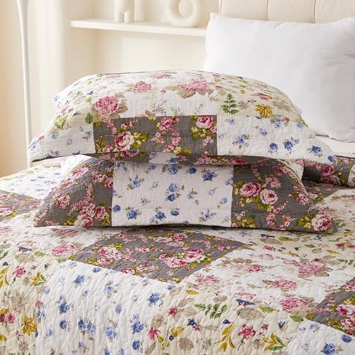 Miniatura 6 de EVENHUG Juego de Edredón de Retazos de 100% Algodón Tamaño Queen Ligero Floral Edredones Queen Juego de Ropa de Cama Colcha Cubrecama Cubierta de