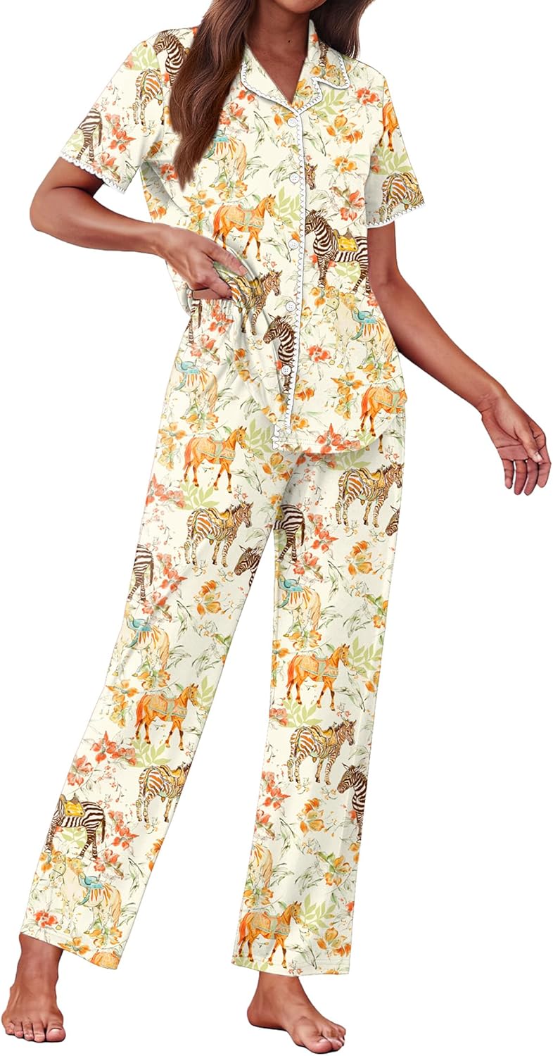 Ekouaer Women’s Pajama Sets Button Down Loungewear Short Sleeve Sleepwear 2 Piece Pants Pjs Set with Pockets S-XXL