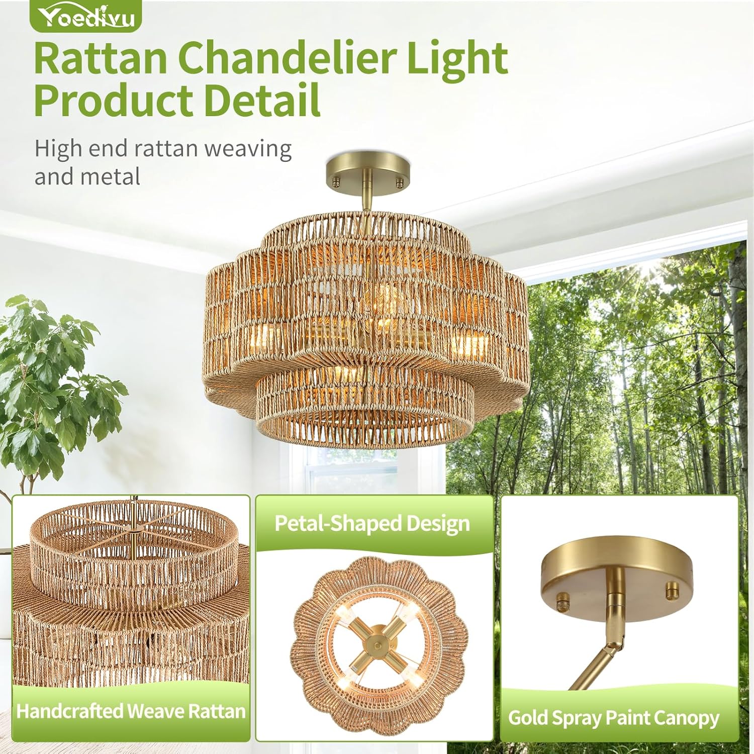 18" Boho Rattan Chandelier - 4-Light Petal-Shaped Pendant Light, Hand Woven Rattan Hanging Light Fixture, Small Farmhouse Rustic Chandelier for Dining Room, Living Room, Kitchen, Foyer