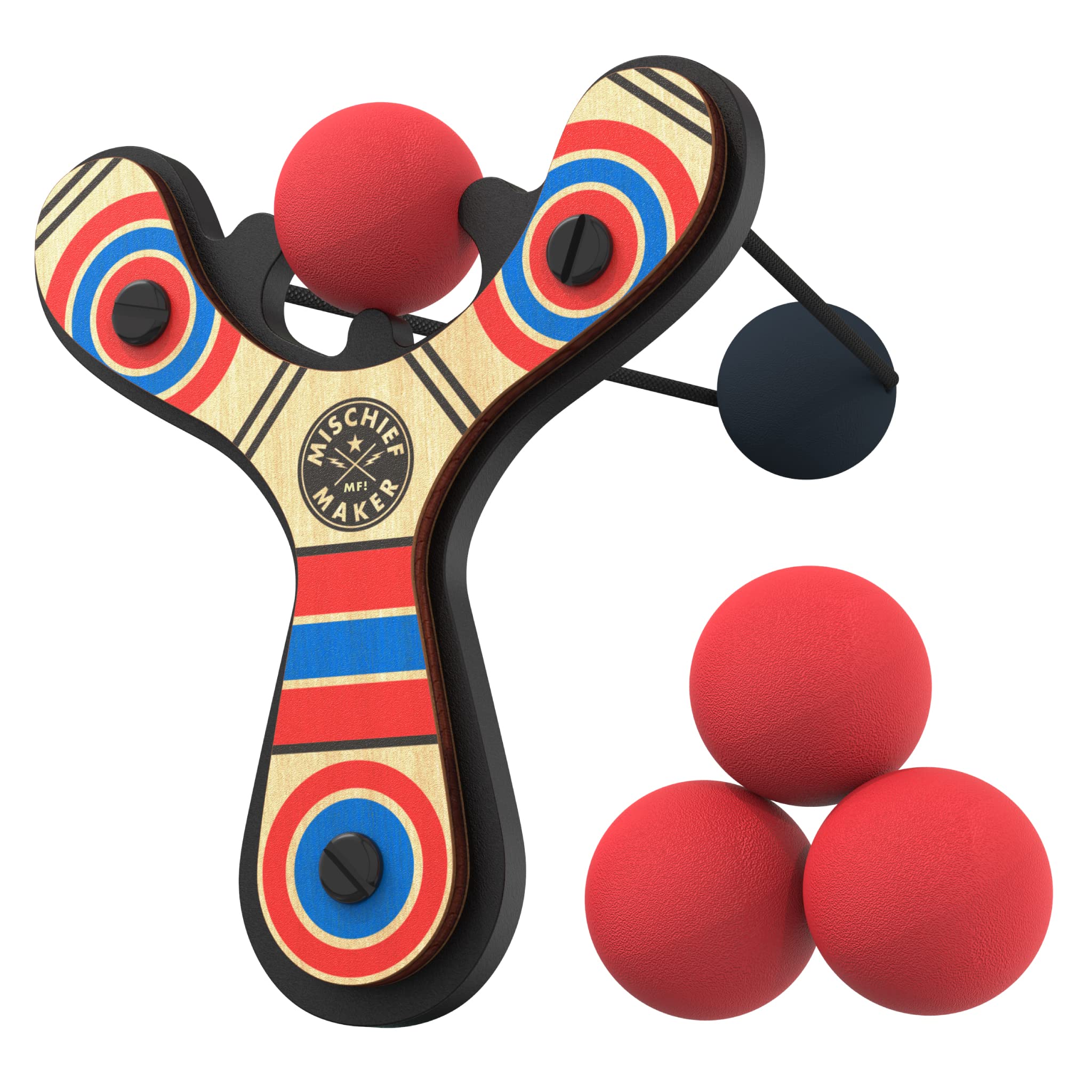 Mighty Fun! Mischief Maker Wooden Toy Slingshot Real Wood and Soft Foam Balls (Red Classic)