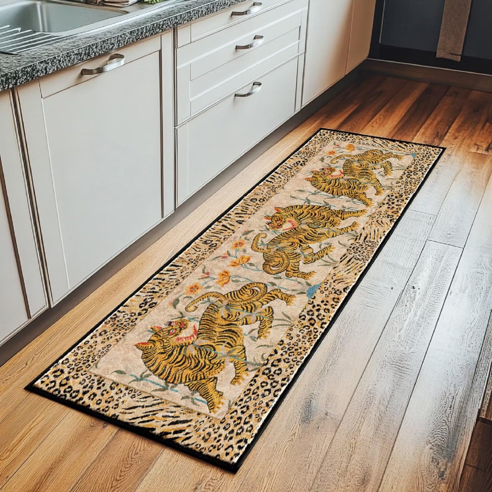 2x6 Feet Tibetan Tiger Print Runner Rug - Non-Slip Washable Tiger Hallway Carpet for Indoor Stairs, Kitchen, Hallway,Bedside & Entryway, Animal Print