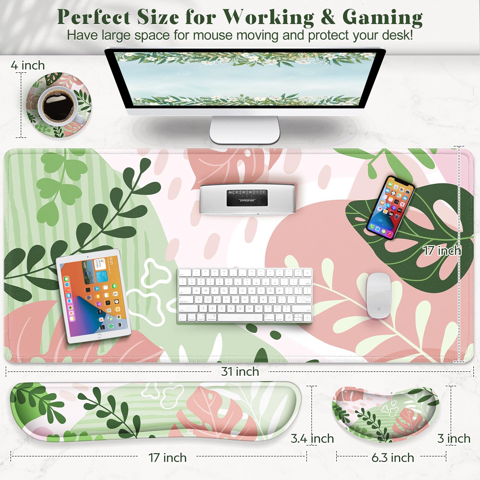 Gimars Podkładka pod mysz XXL 3 w 1 z ergonomicznym uchwytem na klawiaturę, podkładka pod mysz do gier 800 x 300 mm, wygodna piankowa pamięć, łagodząca ból do biura graczy, różowa morandi
