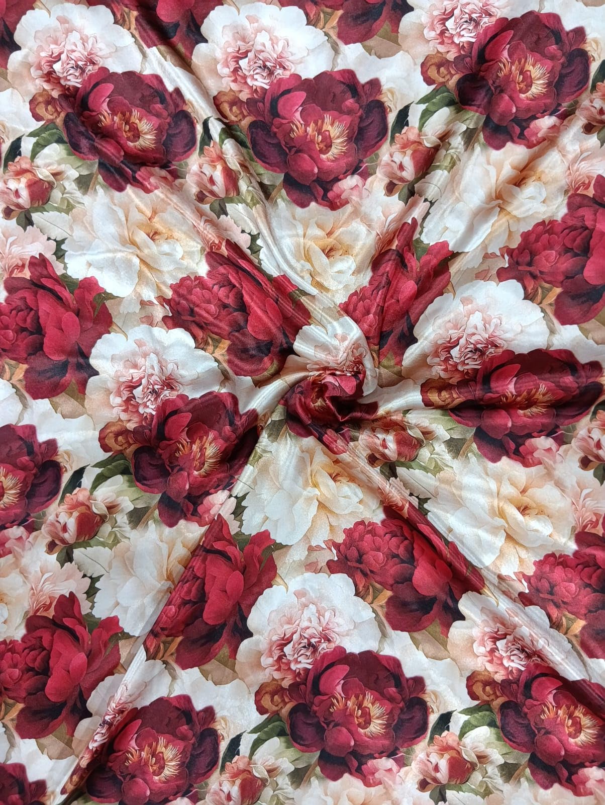 Satin Silk Digital Print Fabric, Vintage Floral Peony & Rose Design, 2.5 Mtr, Unstitched, for Kurti & Kurta-image-24