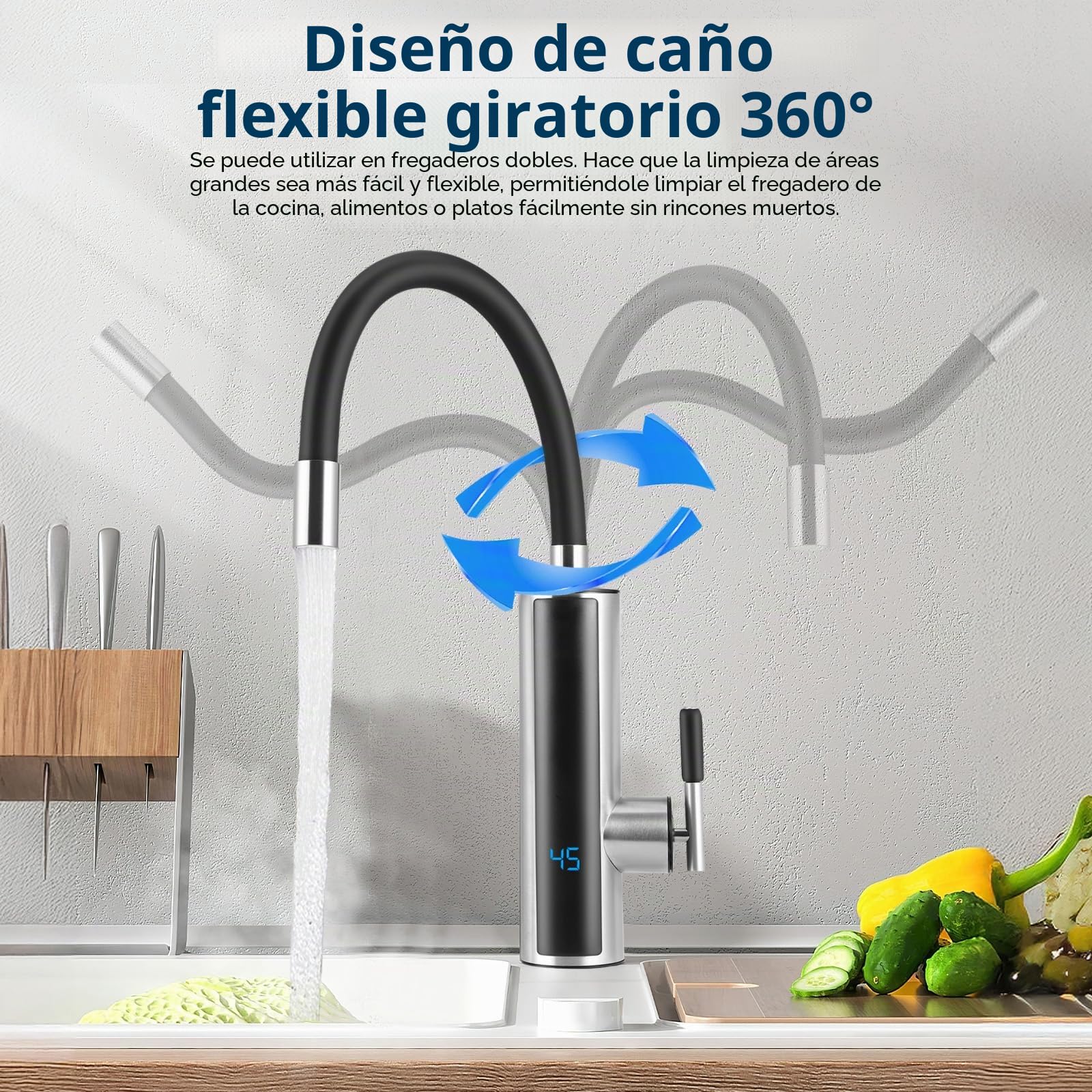 Calentador de Agua Electrico Instantaneo, 3000 W Grifo de Cocina con Indicador de Temperatura LCD, 360° Flexible Rotación, para Cocina Jardín Baño