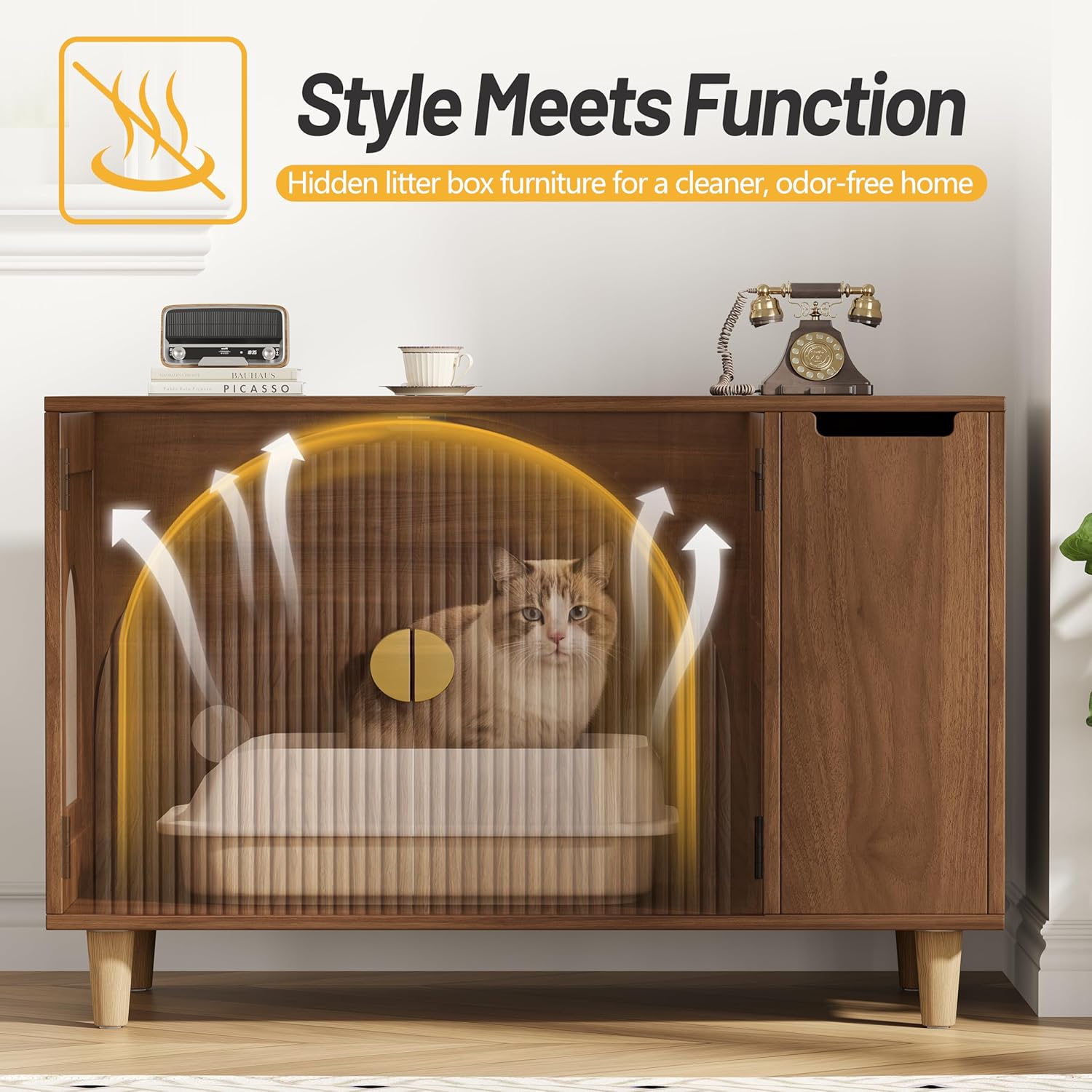 35.4" Fluted Cat Litter Box Enclosure, Wooden Hidden Litter Box Enclosure Furniture with 2 Layer Drawer, Modern Indoor Cat House, Side End Table for Living Room, Entryway, Bedroom, Walnut