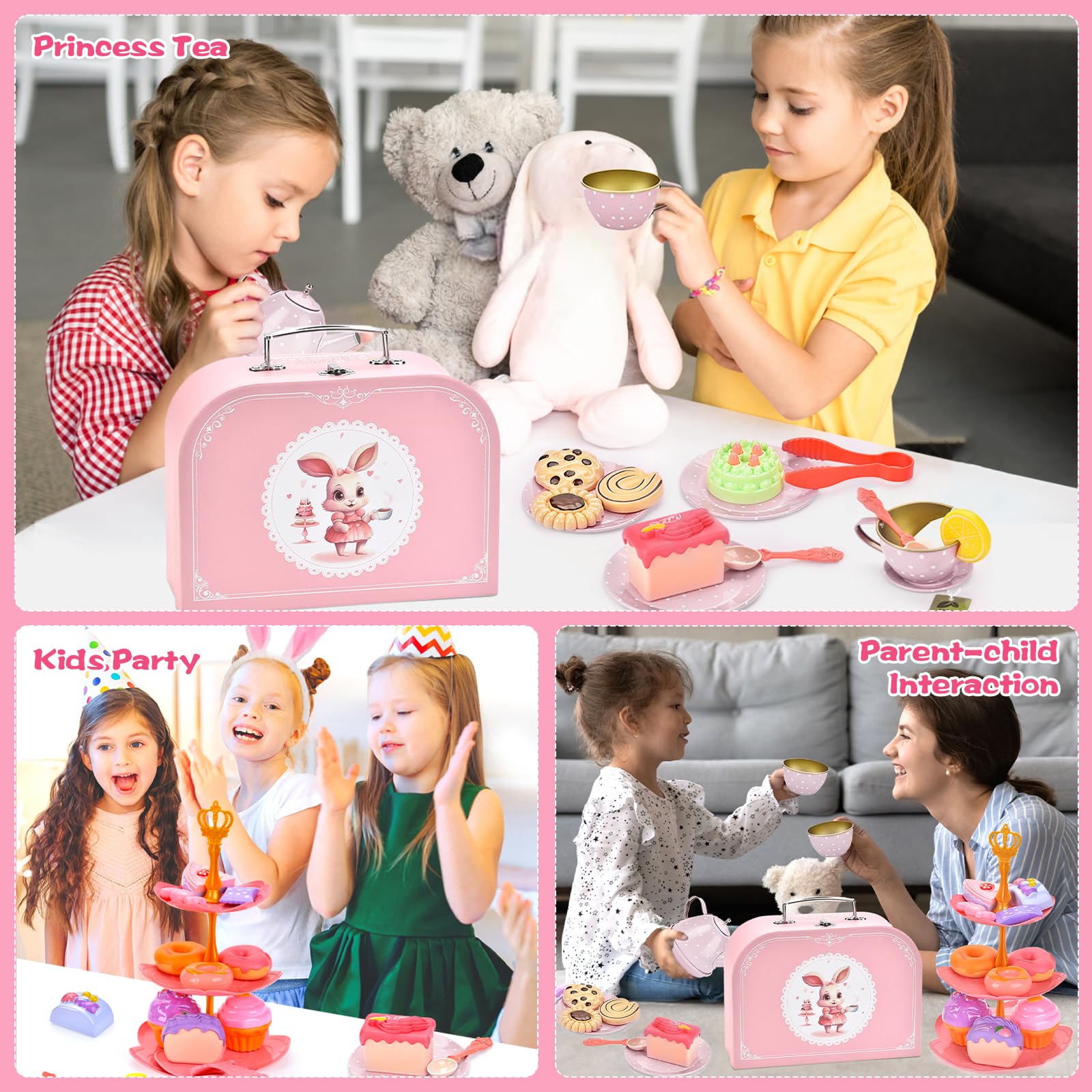50-teilig Teeservice Kinder,Puppengeschirr Kinderküche Tin Teekanne Set,mit Rosa Bunny Spielzeug Tragetasche,mit Dessert Rollenspiele für 3 4 5 6 7 Kinder Mädchen