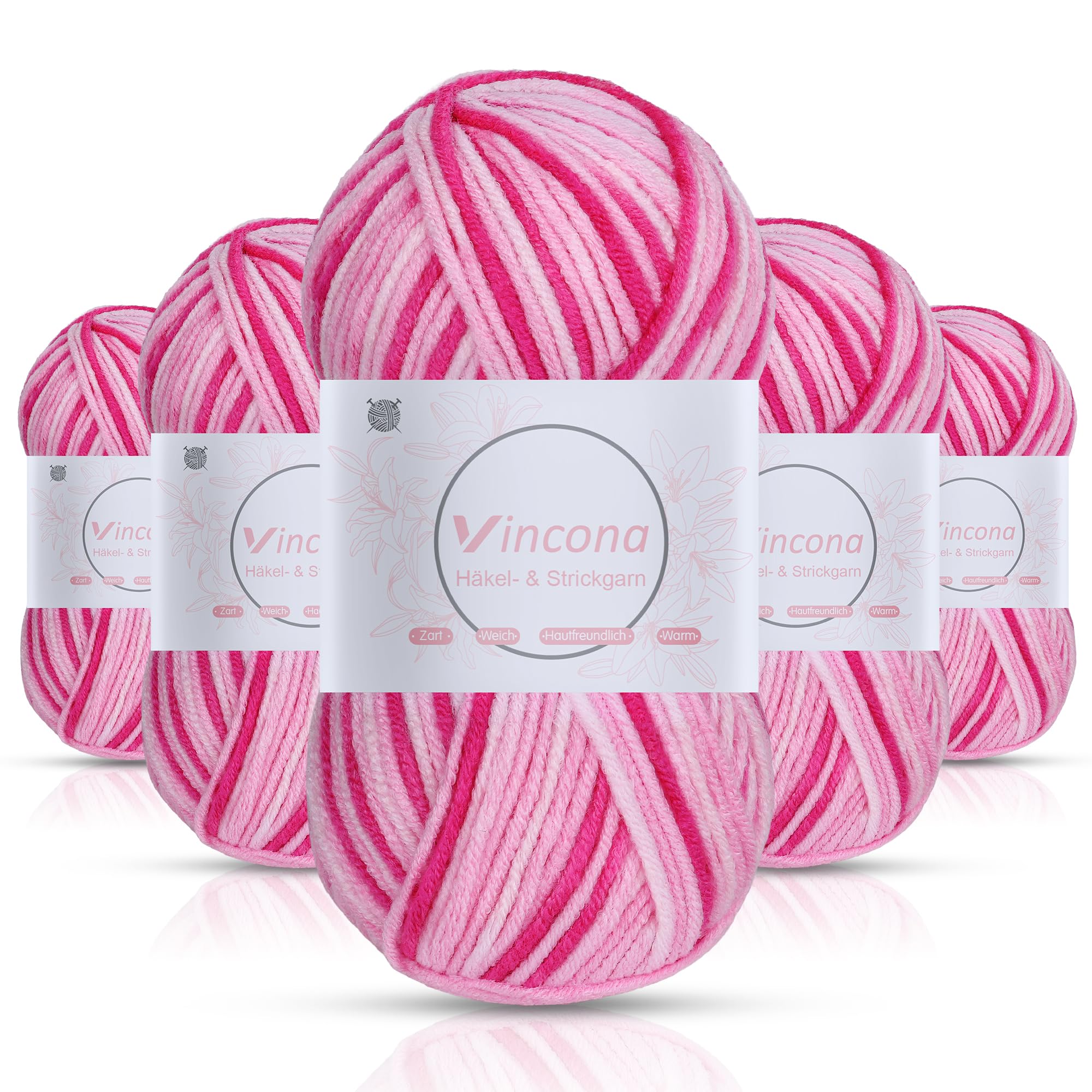 Vincona Häkelgarn，5x50 g Wolle zum Häkeln，Bunt Farbverlauf Acrylgarn zum Häkeln，Wolle zum Häkeln und Stricken, Handstrickgarnsets Geeignet zum Stricken von Puppen, Pullovern, Schals, Mützen