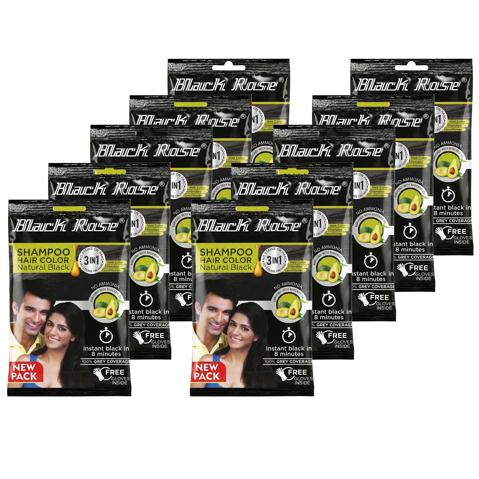 Black Rose Shampoo Hair Color Black | Ammonia Free | 100% Grey Coverage | Long Lasting Hair Dye | Just Apply Like Shampoo | 8 Minute Application | 15g | Pack of 10-image-0