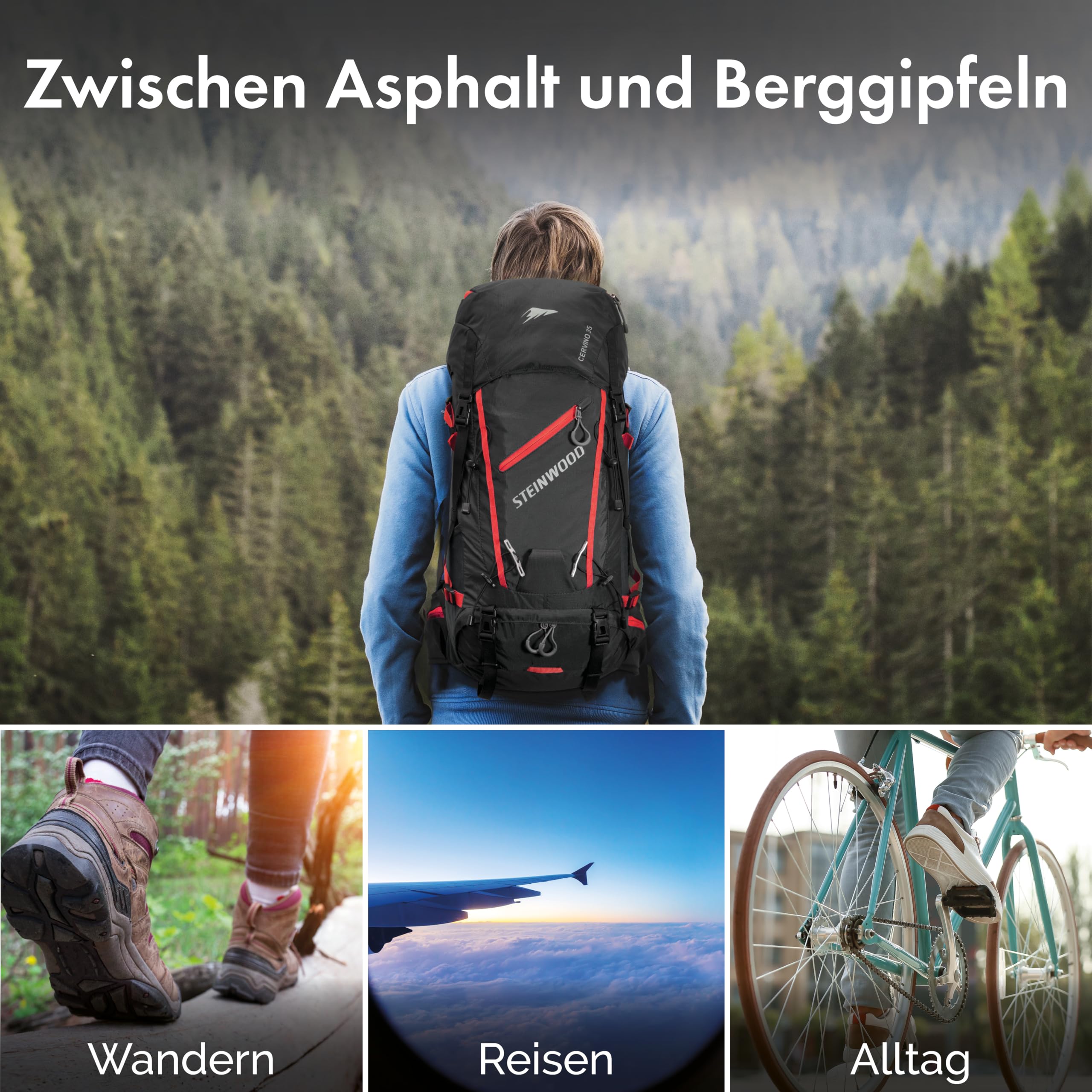 Steinwood Wanderrucksack Herren & Damen 35L - Outdoor-Rucksack, Reiserucksack, Tagesrucksack wasserabweisend mit Regenschutz und Rückenbelüftung, schwarz