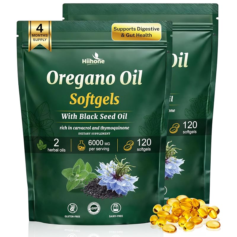 HIIHONE Suplemento de Orégano com Óleo de Semente Preta, 6000 mg + 200 mg, 240 cápsulas moles