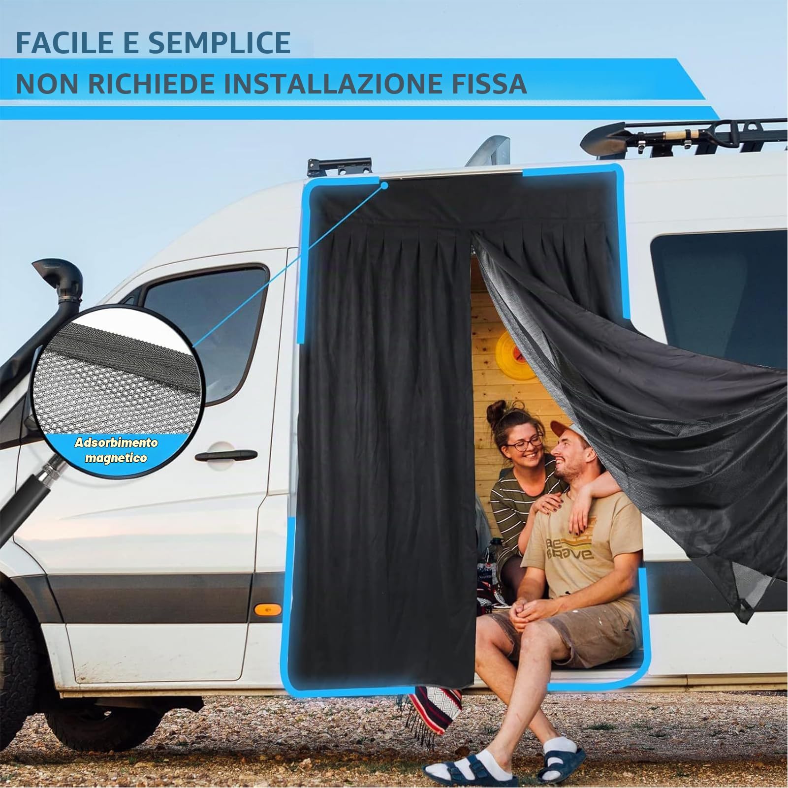Zanzariera Magnetica In Rete per Auto a Due Strati, 155 x 135 cm, Nero, Tessuto, Nylon, Universale, Compatibile con Furgone, Camper, Automobile, Camion