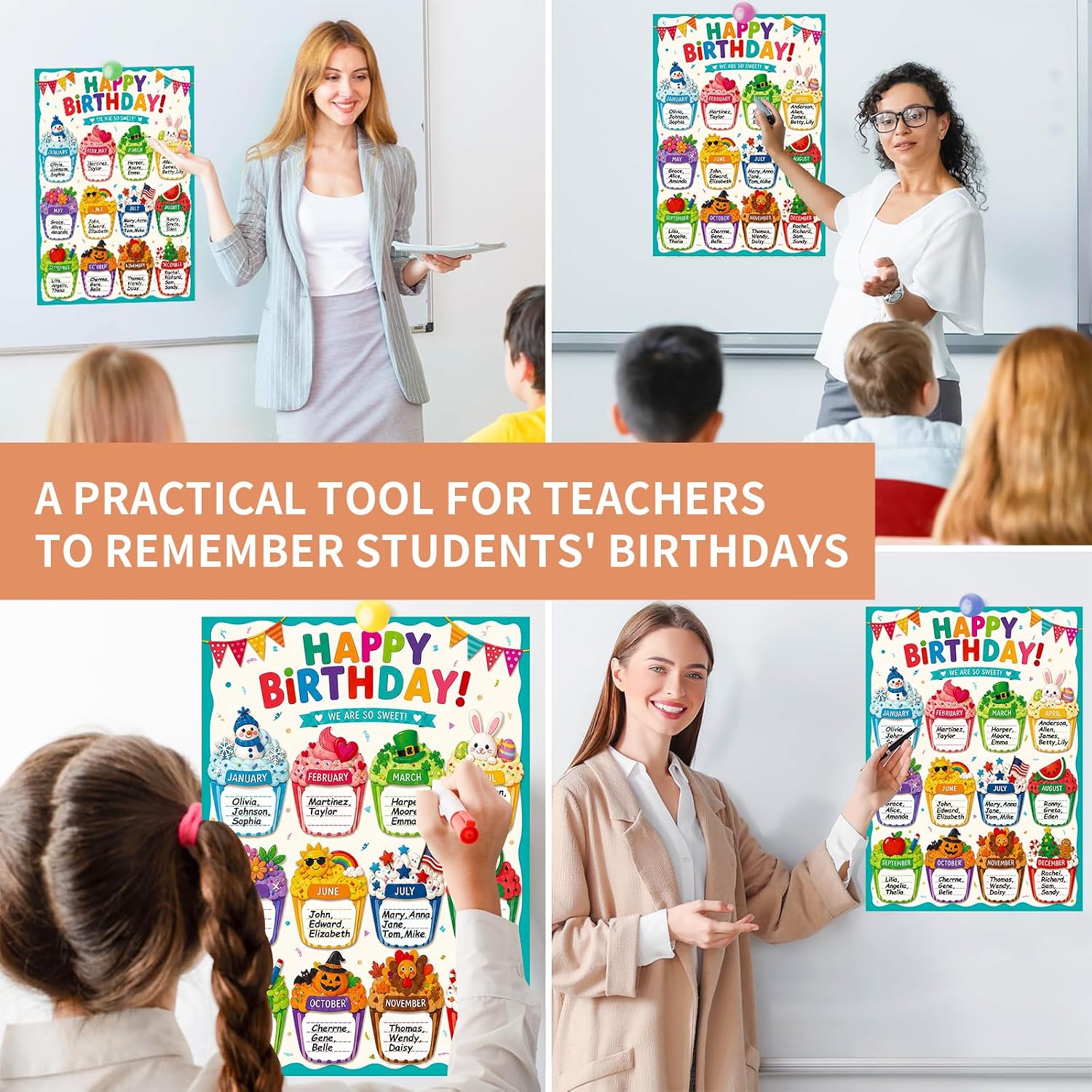 WALENGIF Birthday Chart for Classroom - Colorful Cupcake Classroom Birthday Chart Happy Birthday Poster Calendar for Bulletin Board Decorations Back to School Teacher Supplies Preschool Kindergarten Elementary image 4