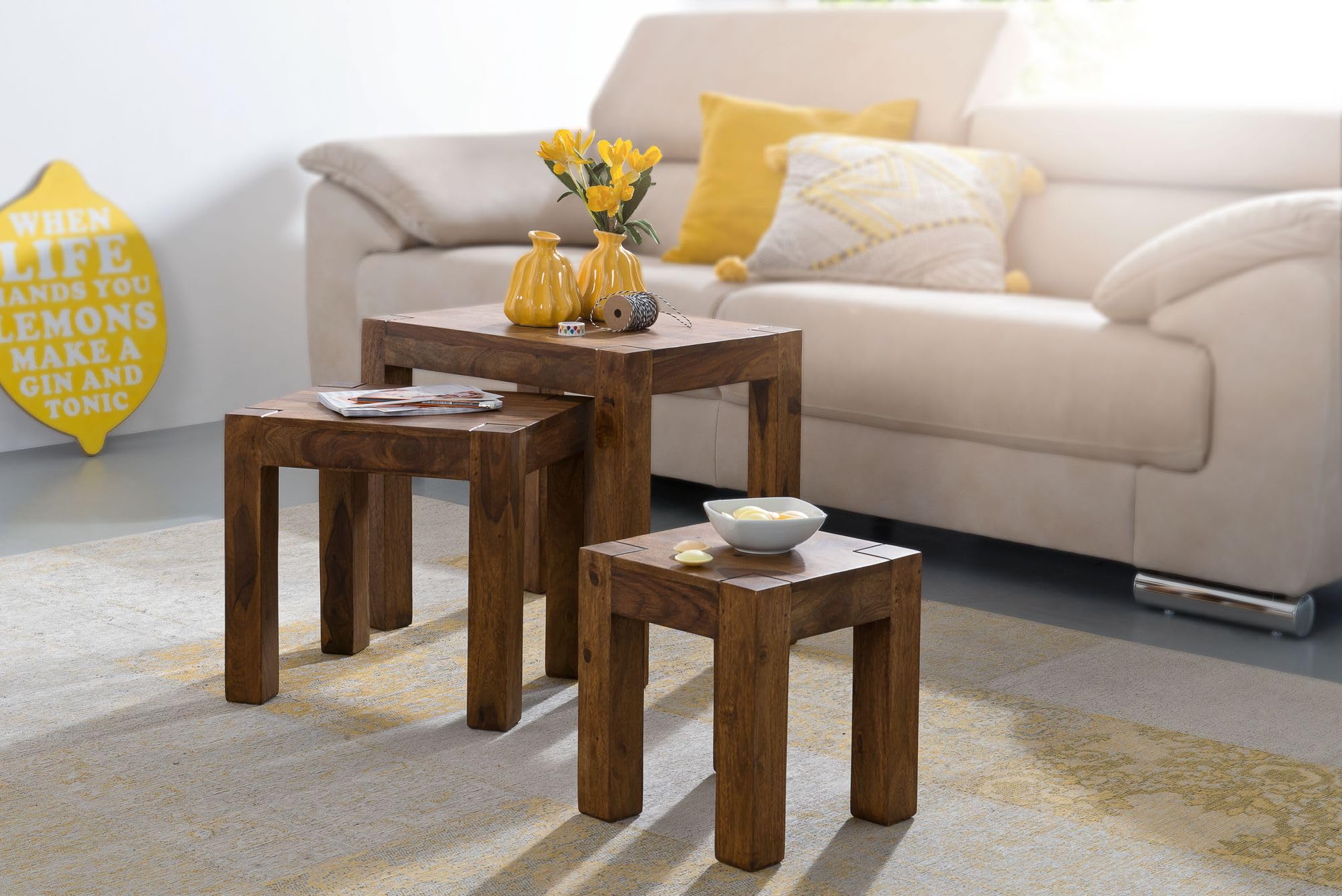WOHNLING Set Di 2 Tavolini Nidificazione In Legno Sheesham E Metallo Nero: Design Industriale, Misure 60x60x56 Cm E 43x43x45 Cm. Tavolino Da Caffè Moderno. - 2