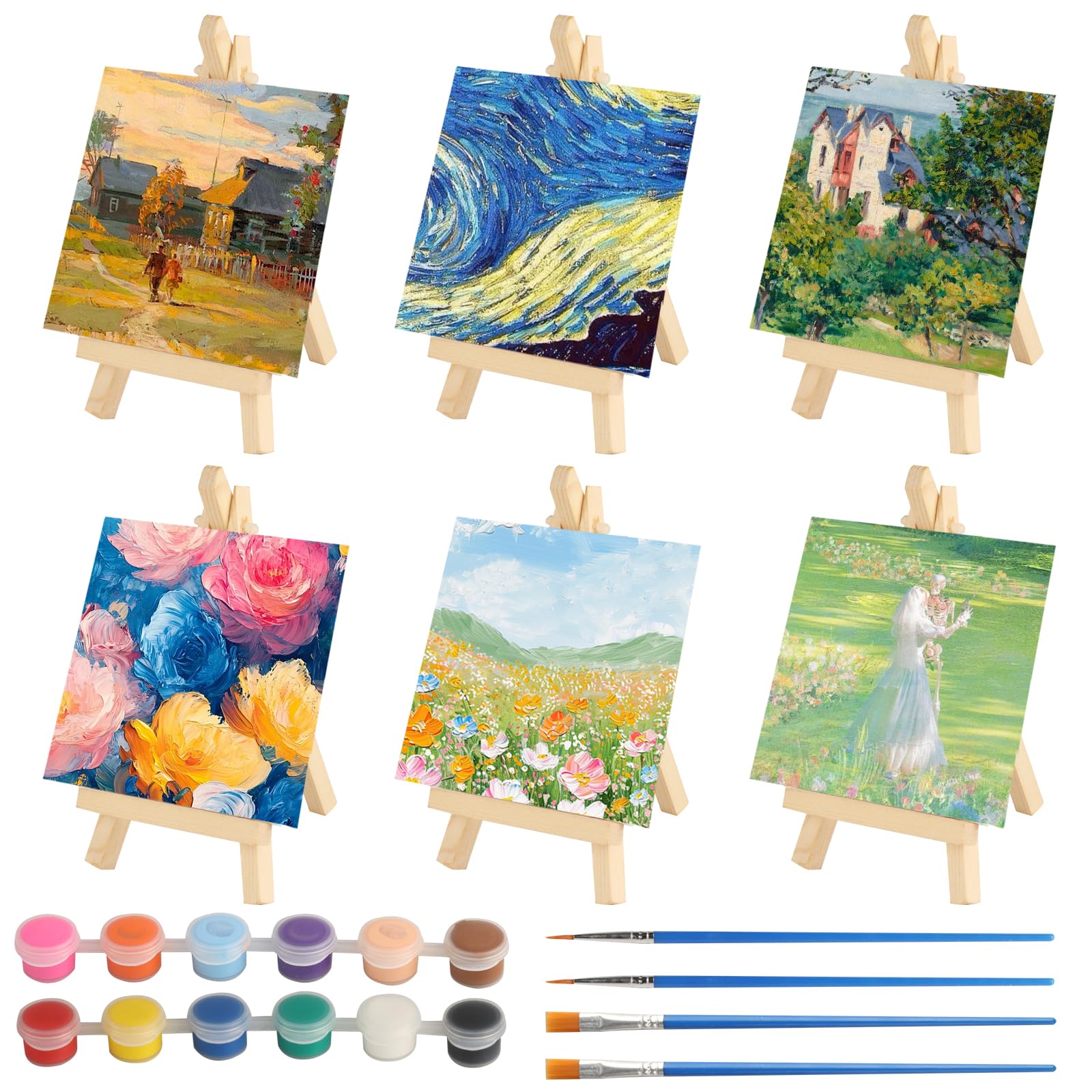 6 PzTela per Dipingeres, Mini Tele per Dipingere Cotone, Arte Tele da Dipingere Tavola Tela Bianca 10 x 10 cm Pittura su Tela per Olio ed Acrilico + 6 Cavalletto in Legno,4 Pennelli,2 Set di Colori