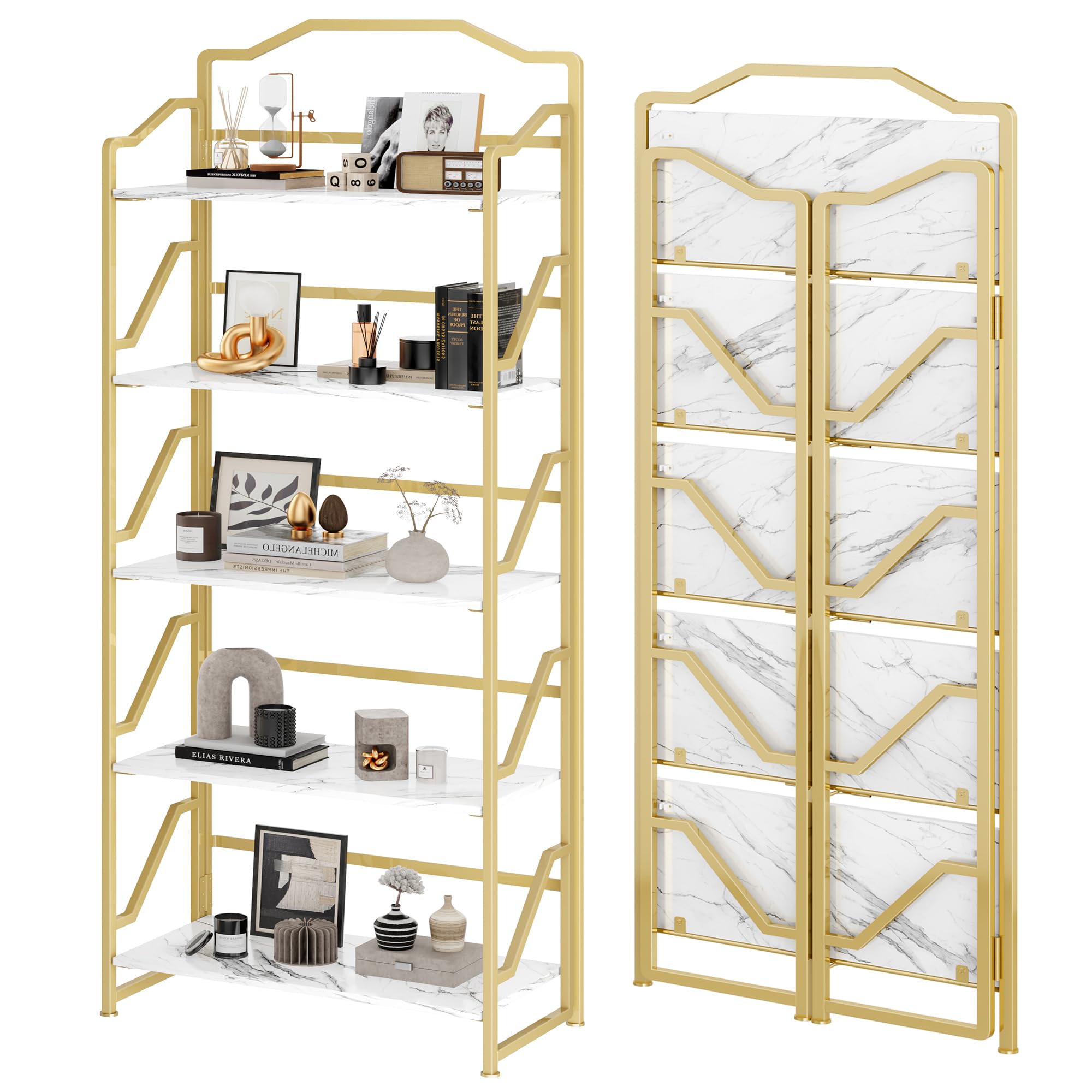 Photo 1 of JSB 5 Tier No Assembly Folding Bookshelf, Foldable Storage Bookcase for Home Office, Space-Saving Storage Shelf for Living Room, Bedroom (White&Gold, 5-Tier)
