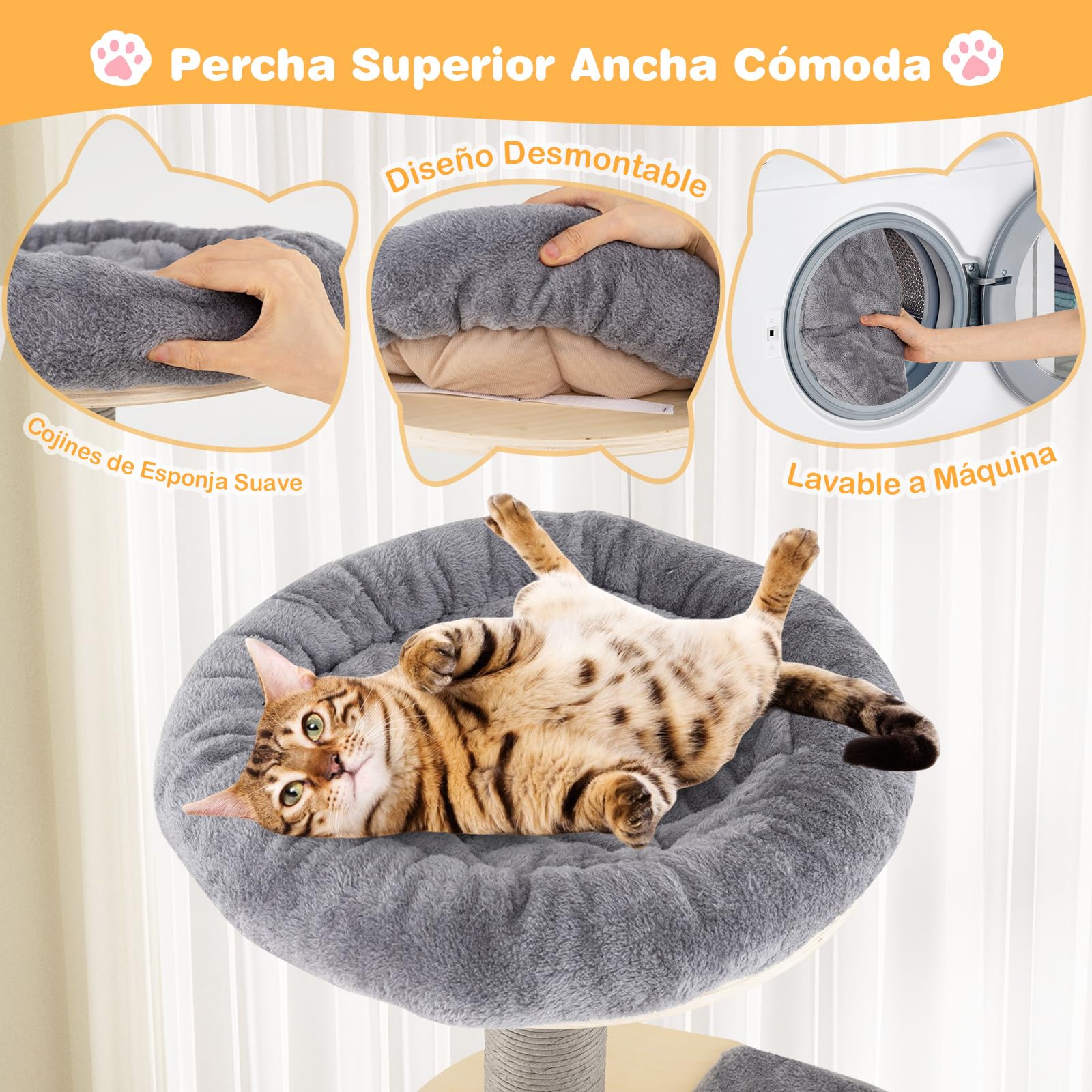 COSTWAY Árbol Rascador para Gatos Grandes de 197 cm, Torre de Escalador para Gatos de Múltiples Niveles con Acolchado Superior, Casa, Alfombrillas Desmontables, Postes para Rascar, Base Estable, Gris