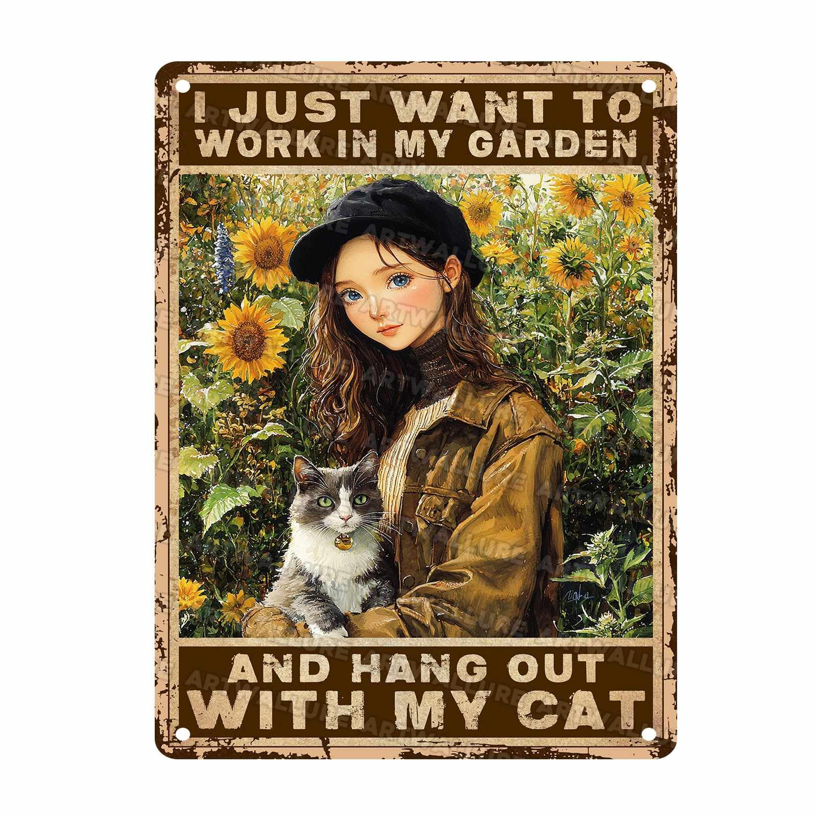 Garden Sunflower Vintage Metal Sign Girl Cat Sign I Just Want To Work In My Garden and Hang Out With My Cat Tin Plaque Retro Art Decor for Home Yard Gate Fence 12x16Inch