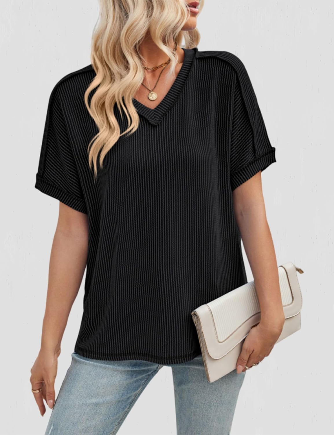 Women's Textured Oversized T Shirts Short Sleeve Summer Ribbed V Neck Tunic Tops Loose Blouses (Grey-XXL) - Image 3