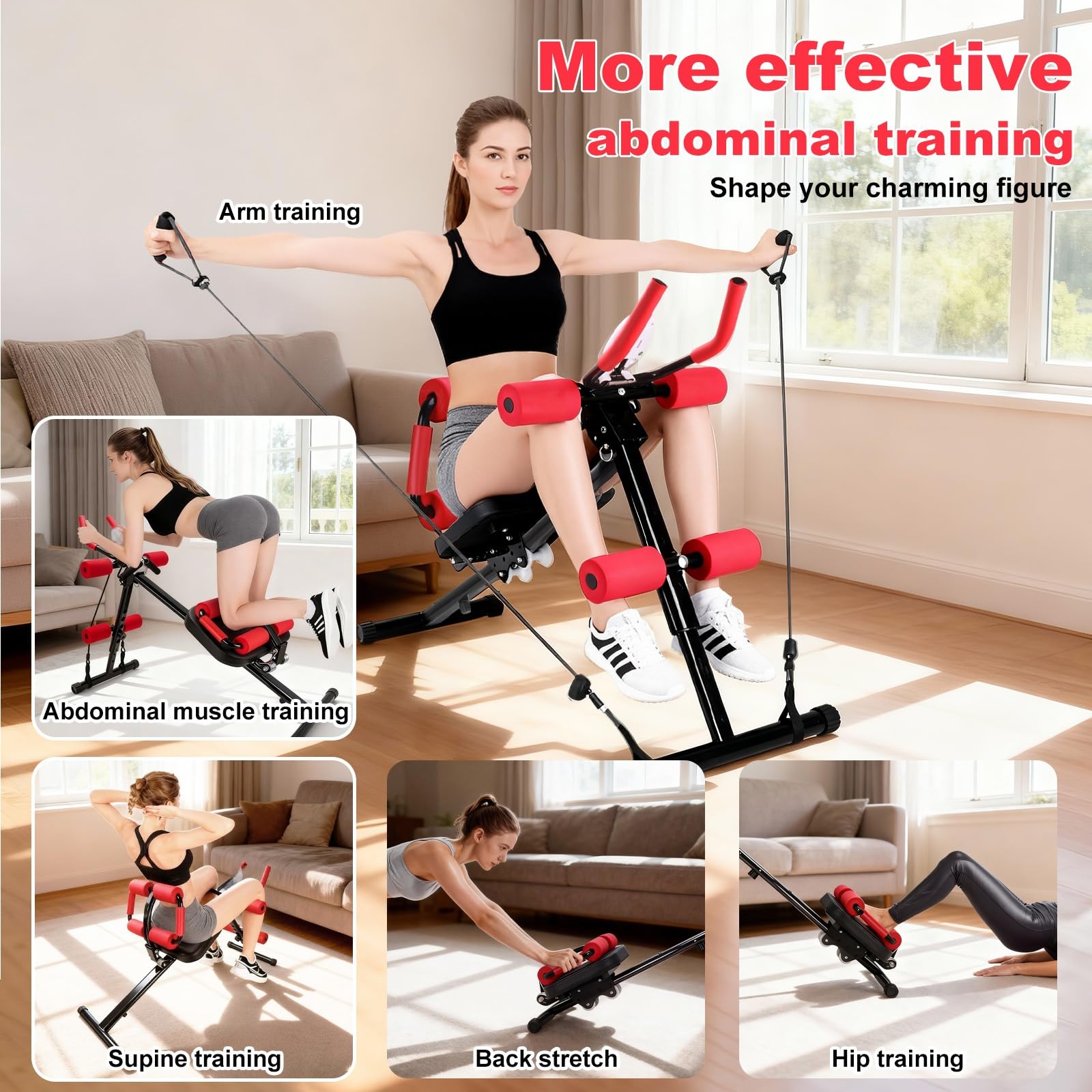 Bauchtrainer für Zuhause Verstellbarer, multifunktionaler Bauchmuskeltrainer, Fitnessgerät bis 150 kg belastbar, Full Body Abdominal Trainer für Herren und Damen (blackish red)