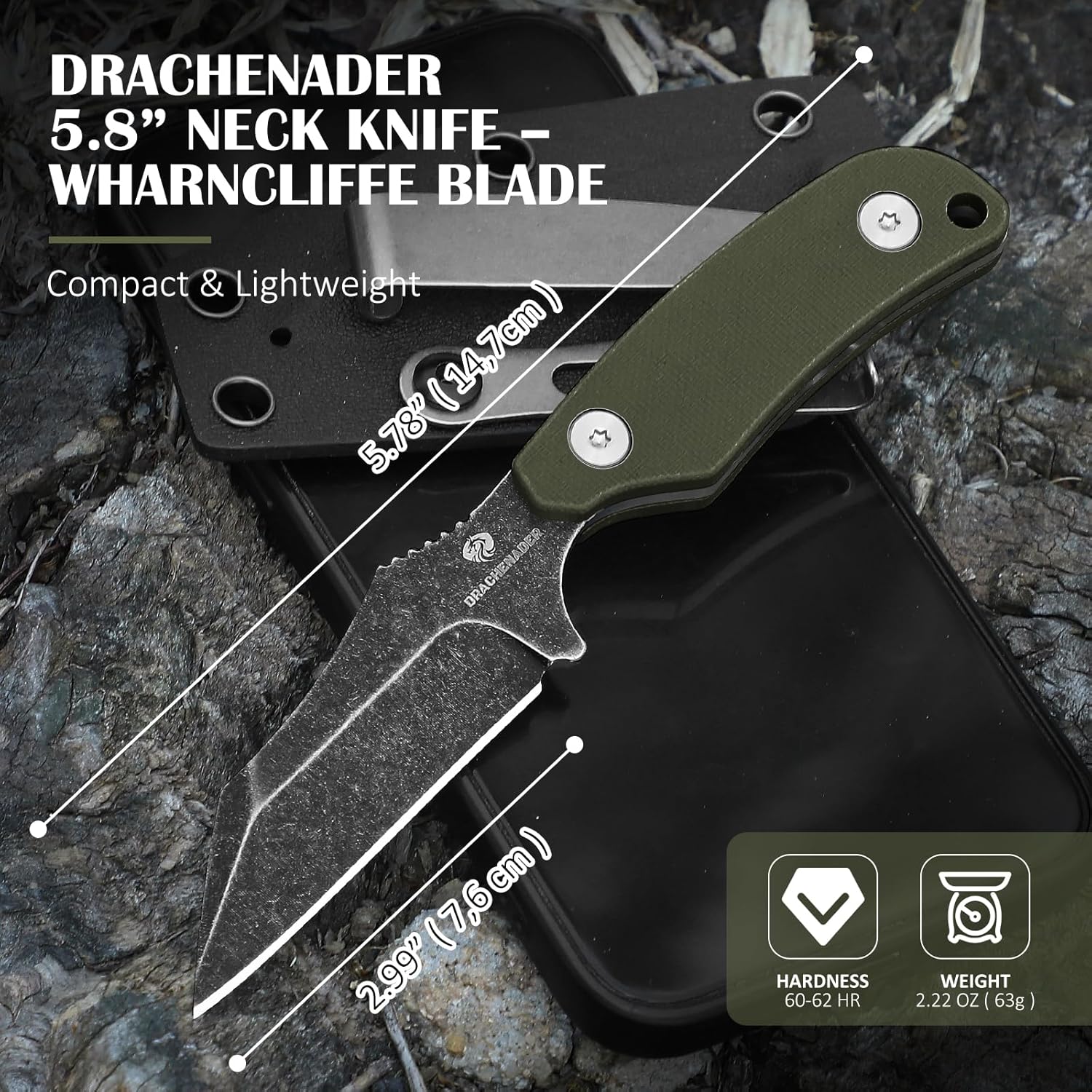 X-WH 5.78" Neck Knife with Kydex Sheath, D2 Steel Stonewashed Wharncliffe Blade with G10 Handle, Fixed Blade Knife for Men - Image 5