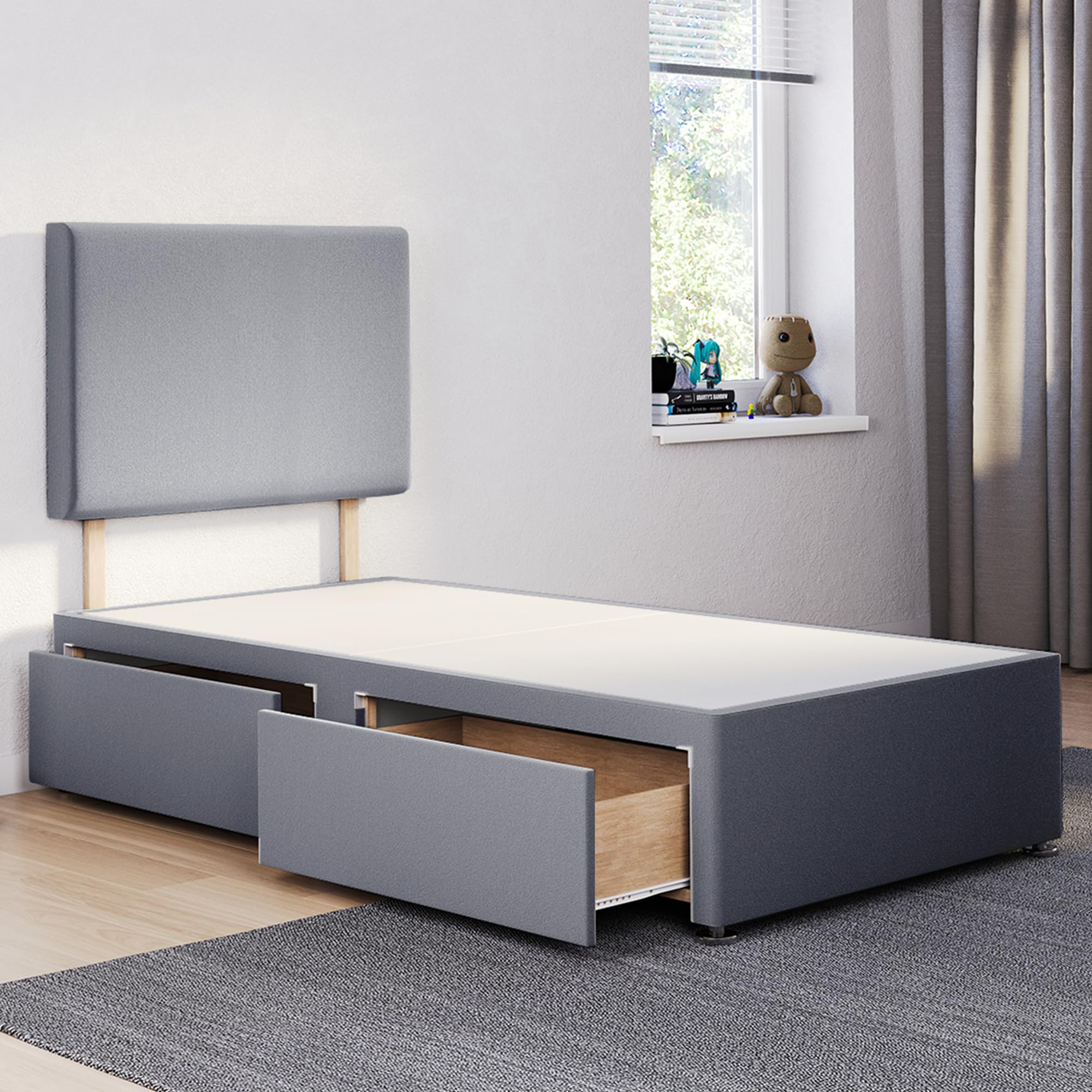 ComfoRest - Luxurious 3FT Single Divan Bed with 2 Drawers & Plain 24" Headboard | Sturdy Base with Storage for Compact Rooms (Grey Plush)