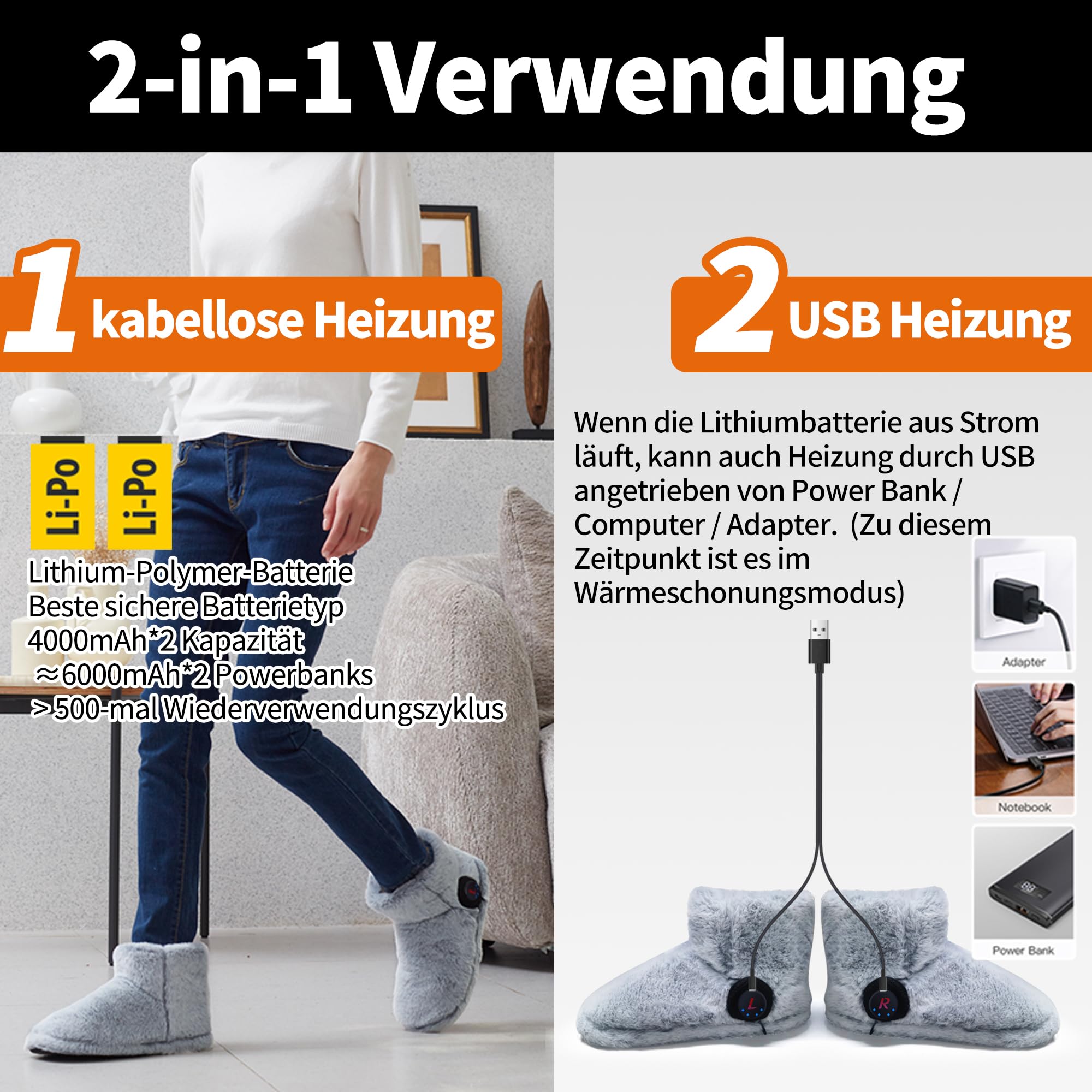 Wiederaufladbarer Fußwärmer für kalte Füße, Graphen beheizte Stiefel für Damen, 4-8 Stunden Wärme, Waschbar & Abnehmbar, Elektrisch beheizte Pantoffeln，Beheizbare Hausschuhe Indoor (grau)