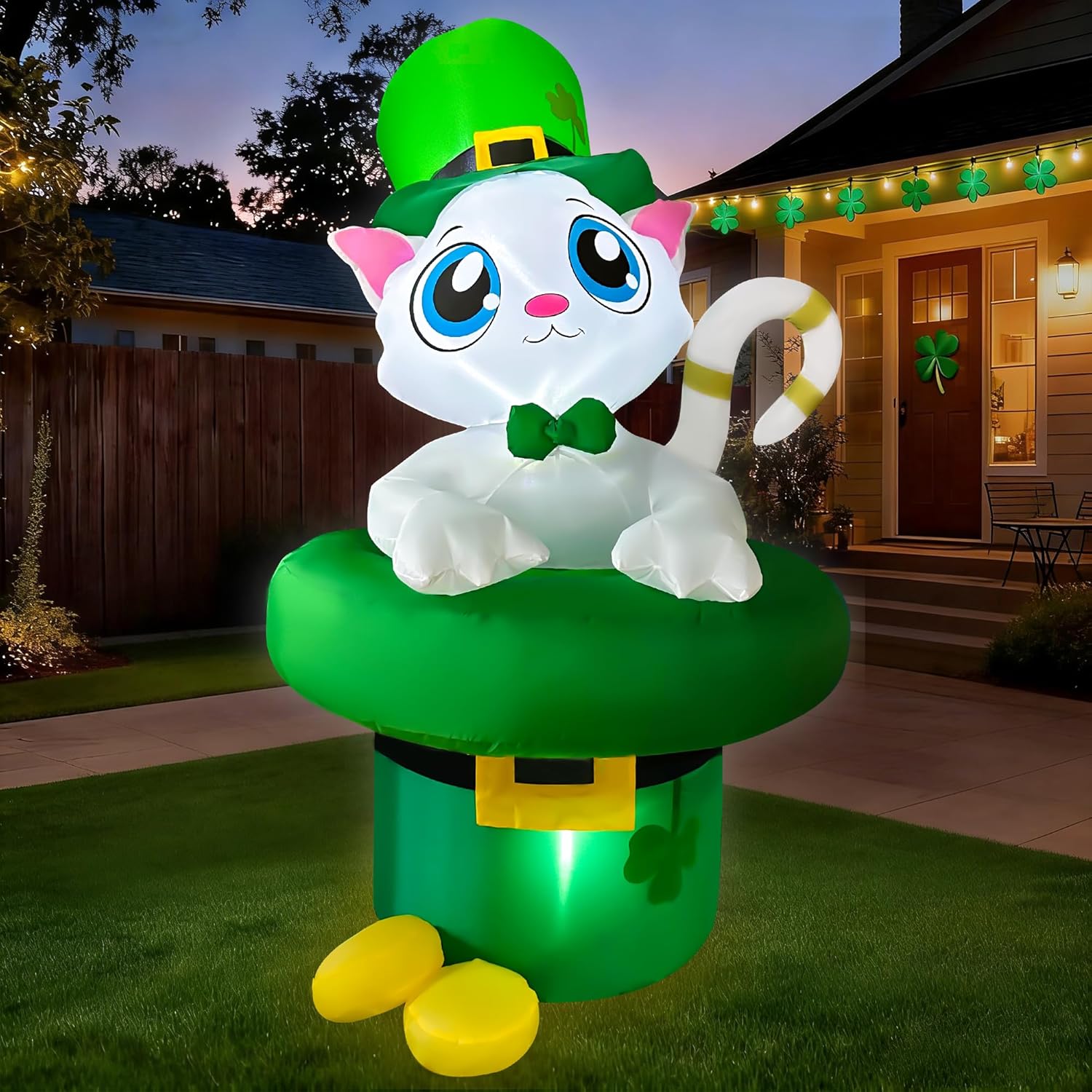 SEASONBLOW 5 Ft LED Inflatable St. Patrick's Day Cat in Hat Decoration with Gold Coin for Home Yard Lawn Garden Indoor Outdoor Holiday Party
