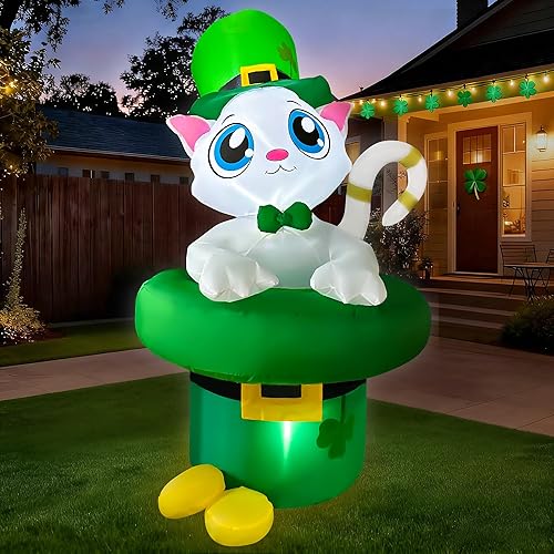 Miniatura 3 de SEASONBLOW Gato inflable del día de San Patricio de 5 pies con moneda dorada para el hogar, patio, césped, jardín, interior y exterior, fiesta de