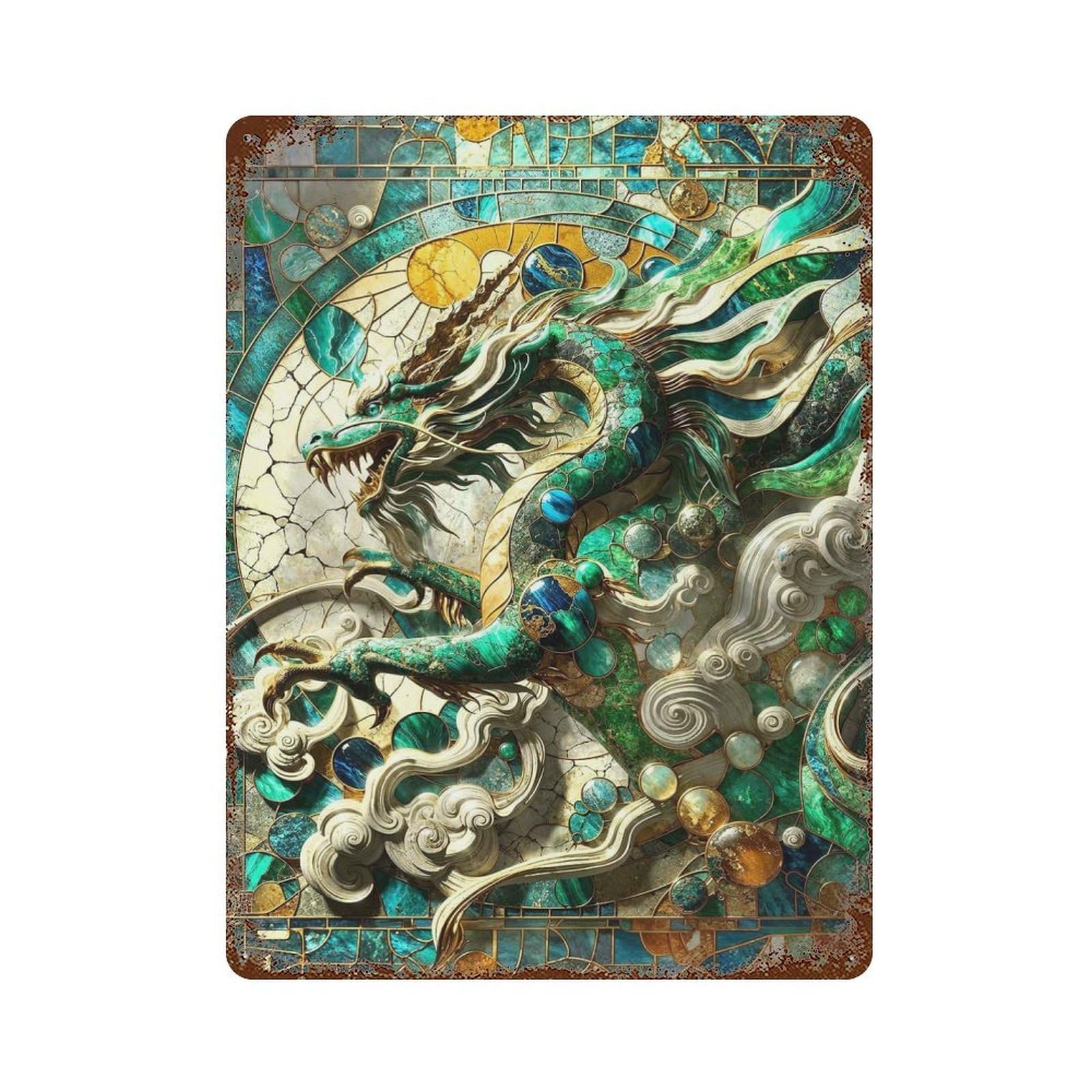 Decorative Tin Sign with Asian Jade Dragon Kintsugi Design 15.7"x11.8", for Garage, Bar And Workshop Decor, Farmhouse Wall Decor