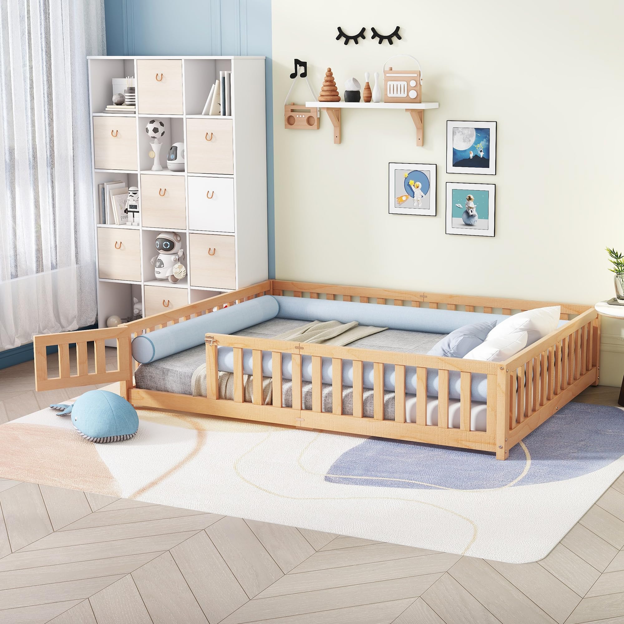 VilroCaz Multi-Functional Design Queen Size Floor Bed with Door Openable Fence, Fun Play Daybed Fence Frame for Kids Child Boys Girls, Strong Slats
