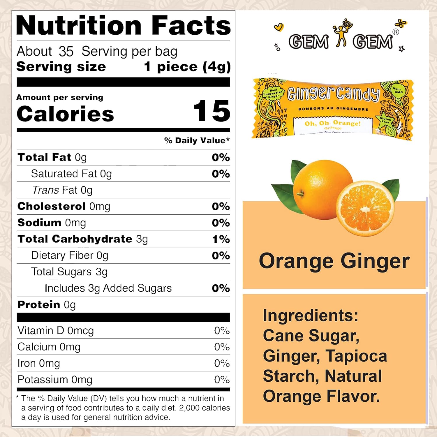 Gem Gem Ginger Candy Chewy Ginger Chews (Orange, 5.0 oz, Pack of 6)