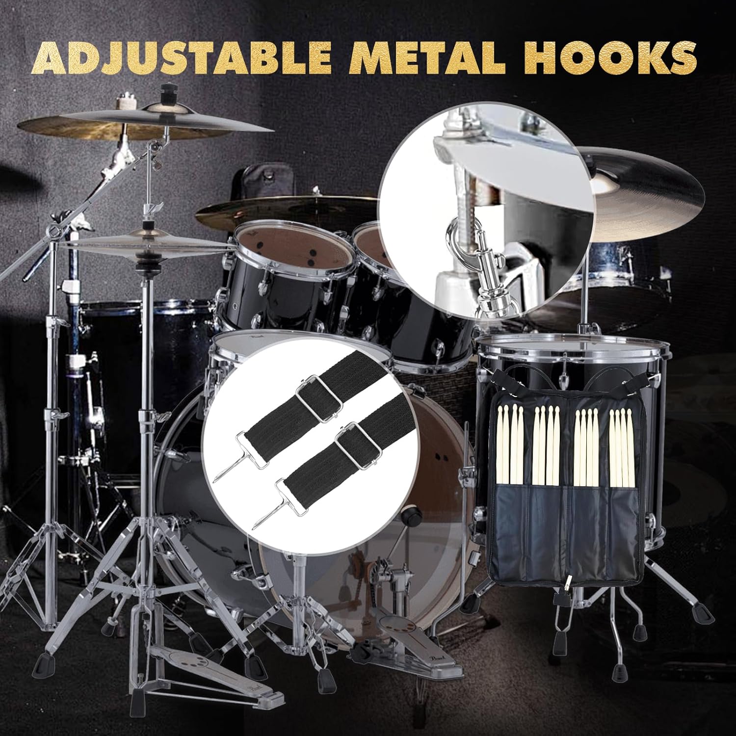 Hickory 5A Drum Sticks with Drumsticks Bag Set, 8 Pairs Wood Drumsticks with Wood Tip for Drum Set + Oxford Fabric with Crossbody Shoulder Strap Wear-Resistant Hangable Portable Drum Stick Bag