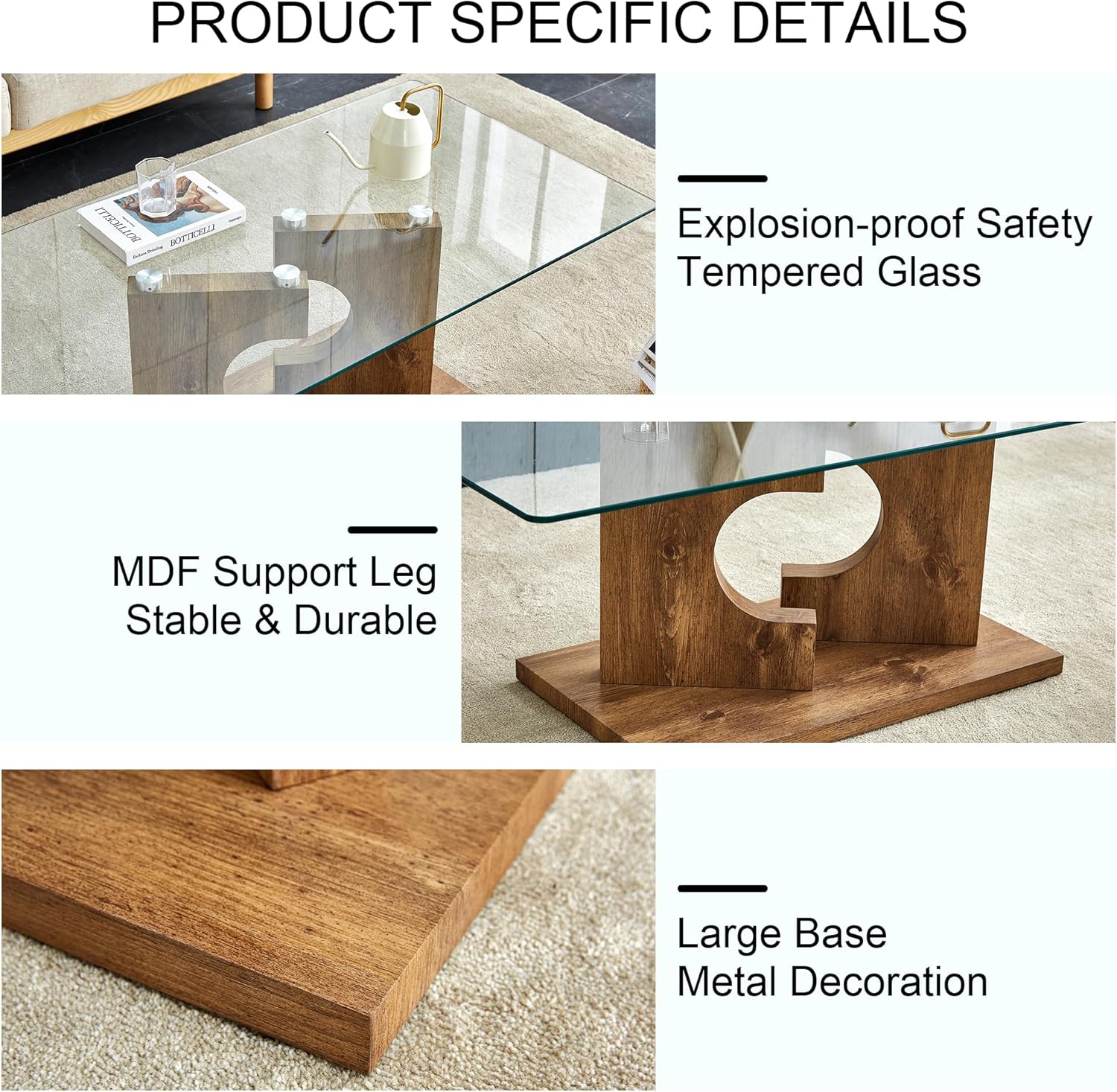 Glass Coffee Table,Modern Cocktail Table/Tea Table with Wooden Base, Rectangular Center Table Suitable for Office,Living Room